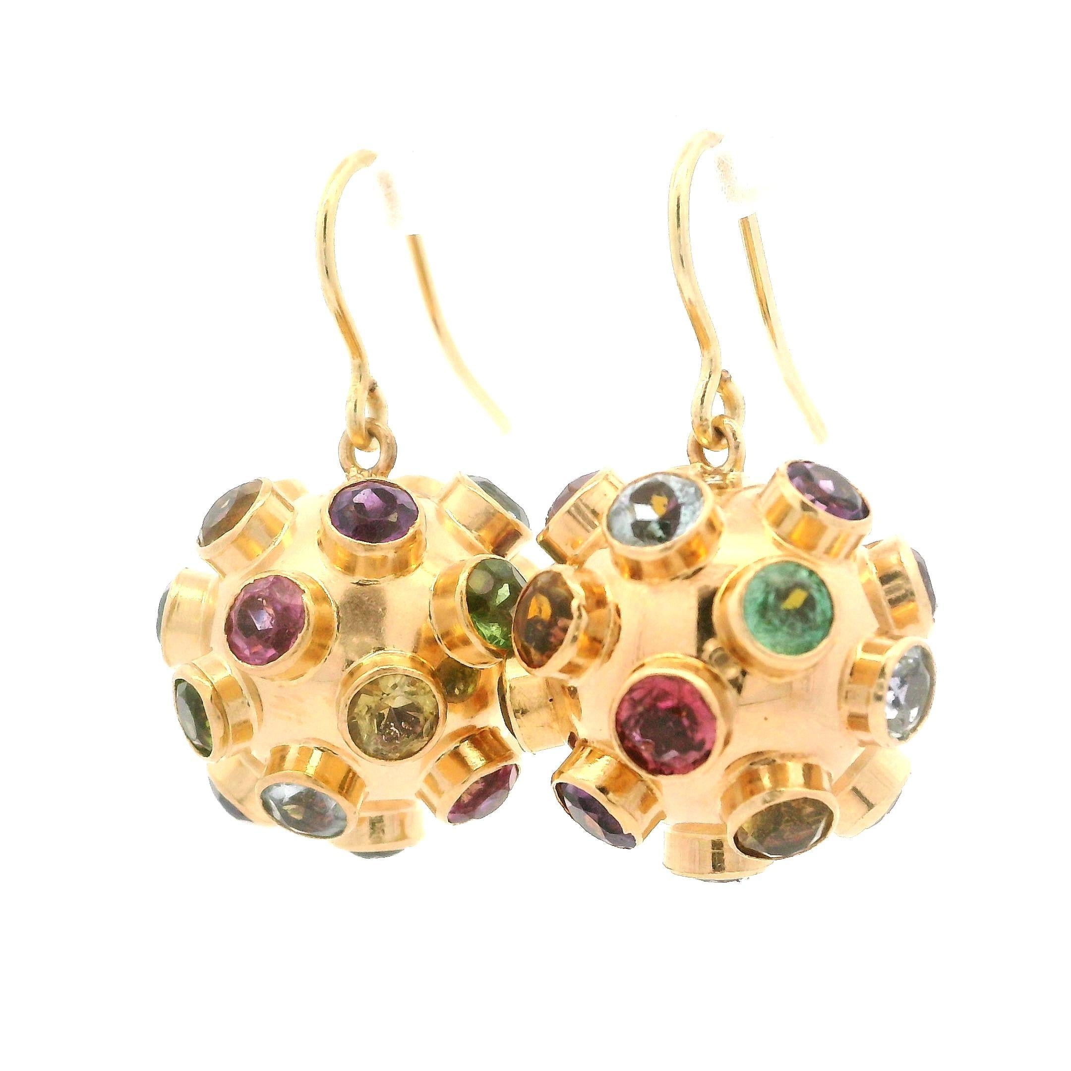 Vintage 14k Yellow Gold Multi Colored Gemstones Sputnik Ball Drop Hook Earrings 2