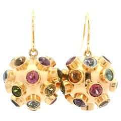 Vintage 14k Yellow Gold Multi Colored Gemstones Sputnik Ball Drop Hook Earrings
