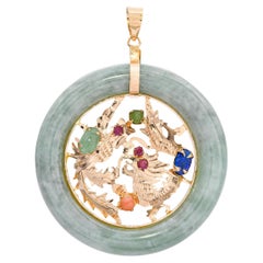 Vintage 14k Yellow Gold Multi-Gemstone Dragon with Green Jade Donut Pendant