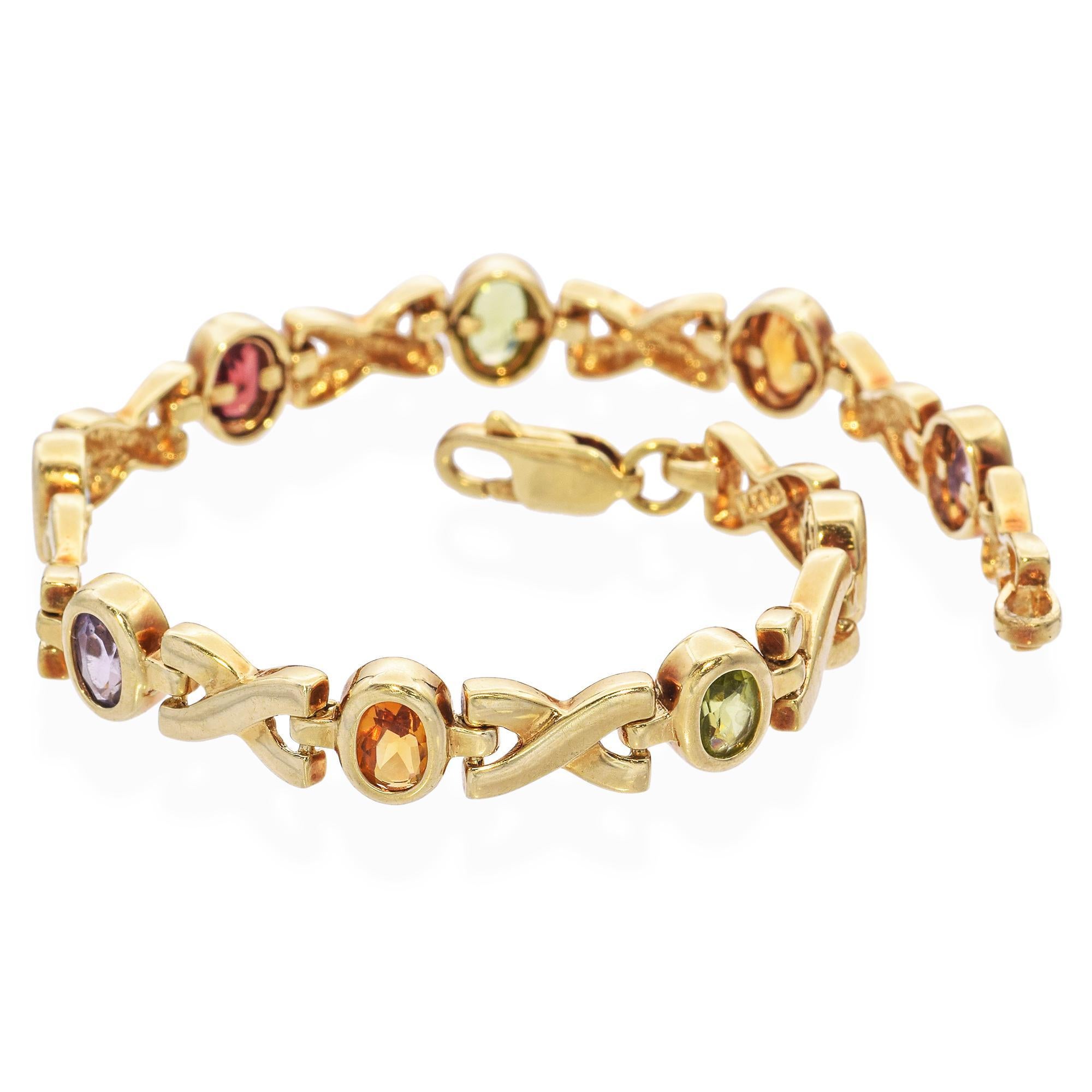 Pulsera de eslabones multigema vintage de oro amarillo de 14k en Bueno estado para la venta en New York, NY
