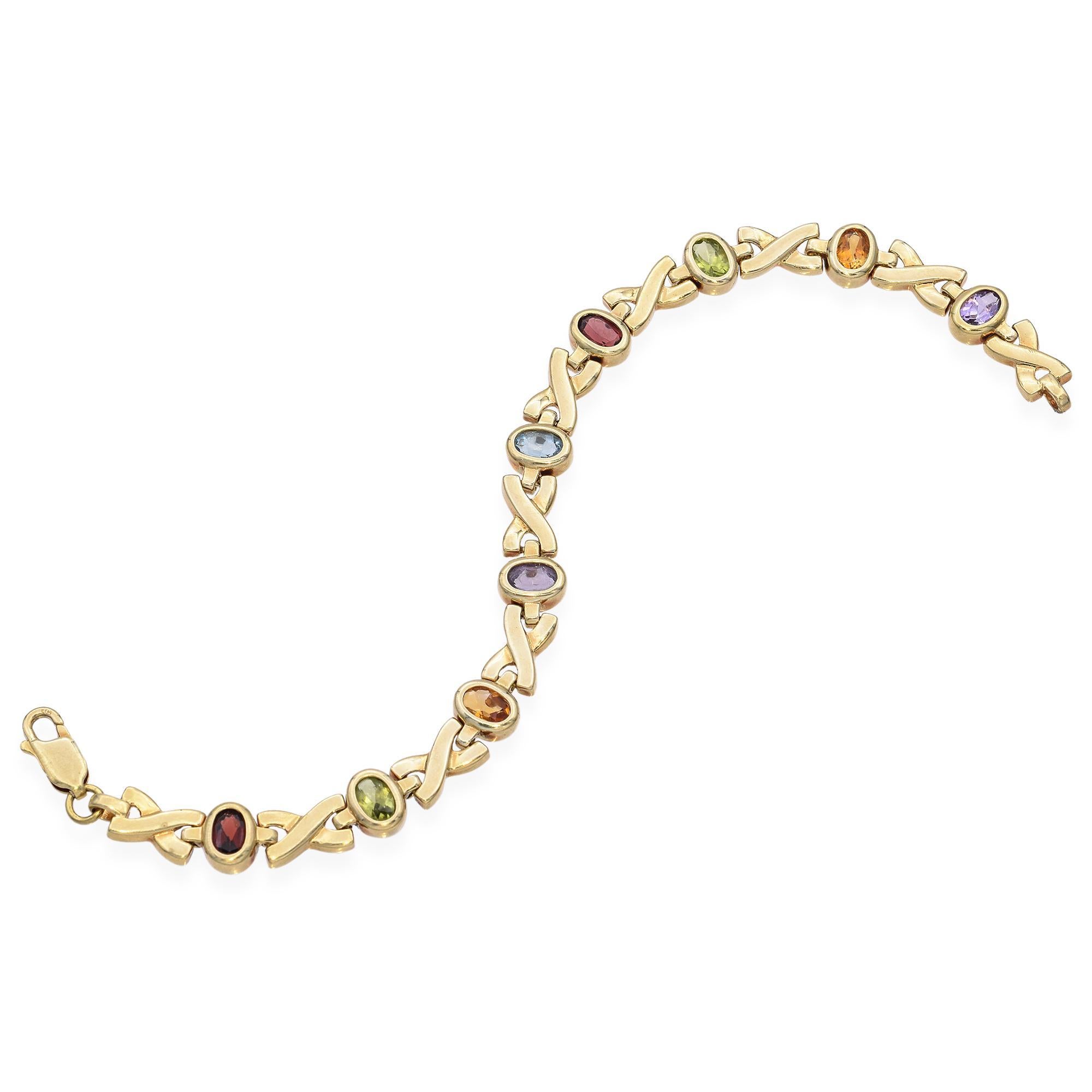 Femenino o masculino Pulsera de eslabones multigema vintage de oro amarillo de 14k en venta