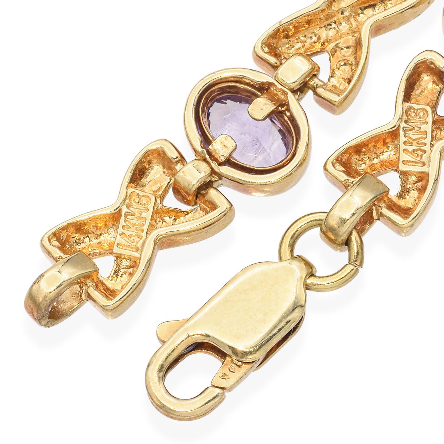 Pulsera de eslabones multigema vintage de oro amarillo de 14k en venta 1