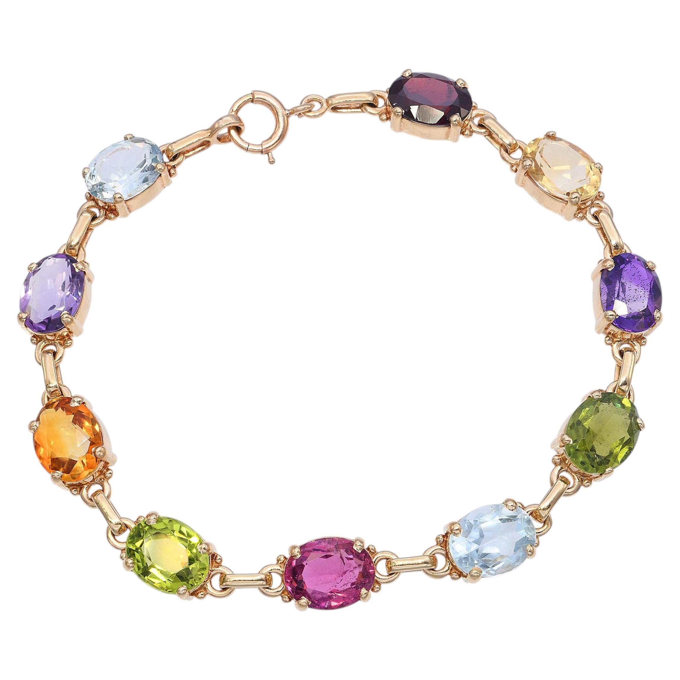 Vintage 14k Yellow Gold Multi Gemstone Link Bracelet
