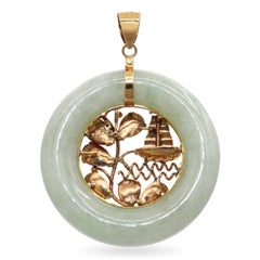 Vintage 14k Yellow Gold Multi-Gemstone Sailboat with Green Jade Donut Pendant