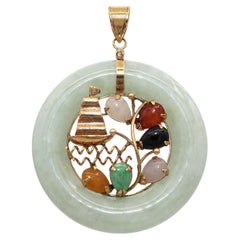 Vintage 14k Yellow Gold Multi-Gemstone Sailboat with Green Jade Donut Pendant