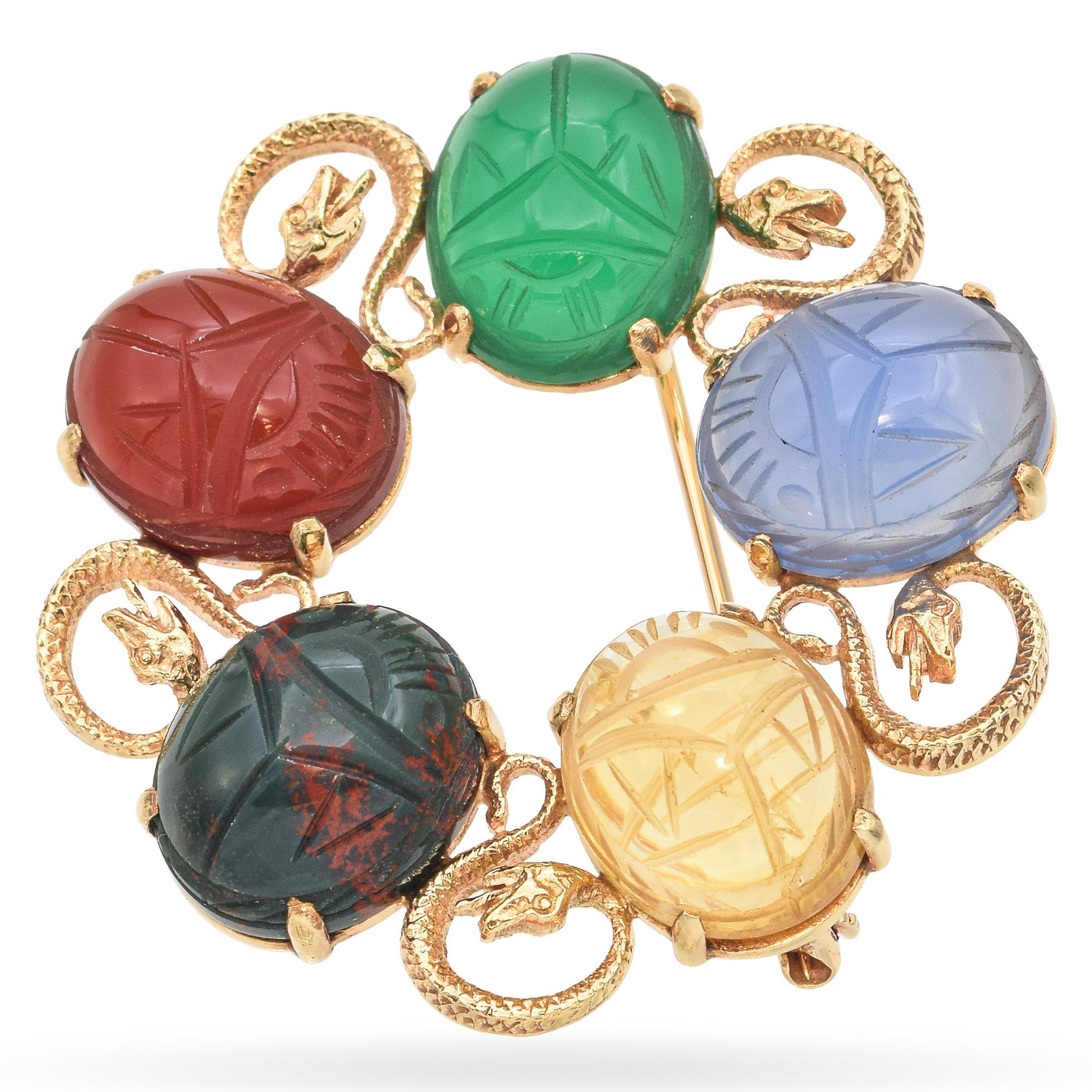 Vintage 14K Yellow Gold Multi Gemstone Scarab Beetles and Snake Motif Brooch In Good Condition For Sale In New York, NY