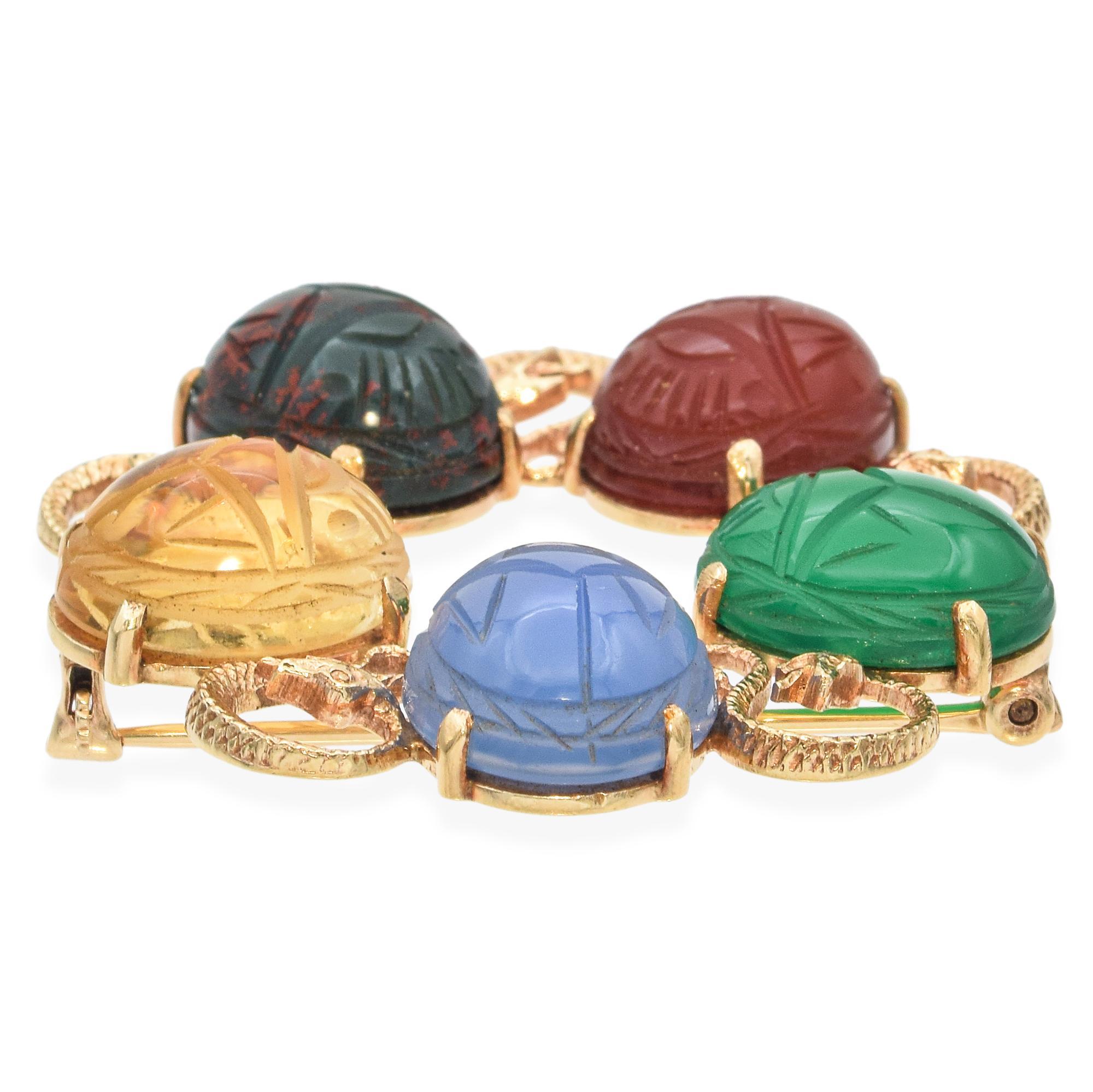 Women's Vintage 14K Yellow Gold Multi Gemstone Scarab Beetles and Snake Motif Brooch For Sale