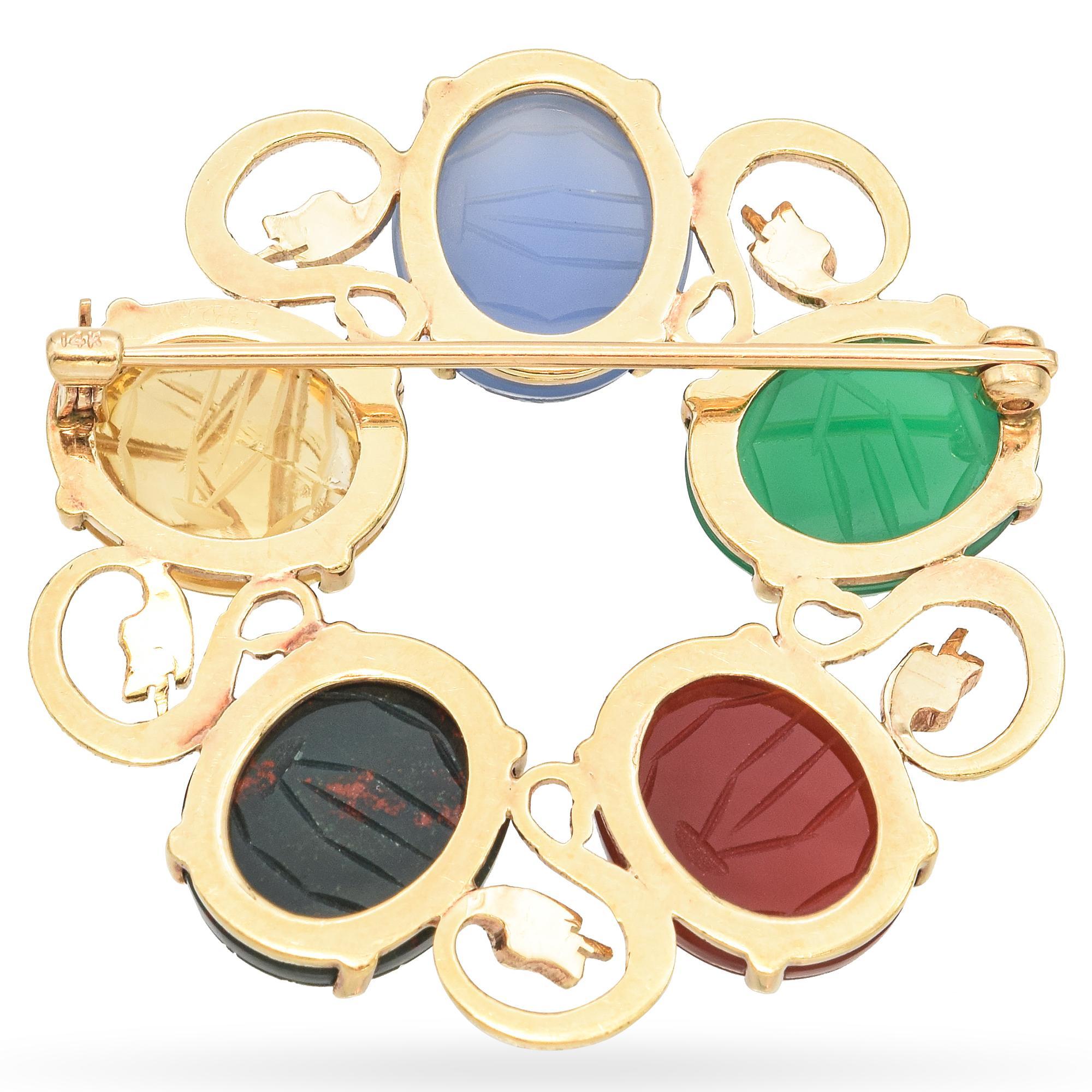 Vintage 14K Yellow Gold Multi Gemstone Scarab Beetles and Snake Motif Brooch For Sale 1