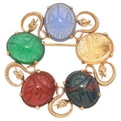 Vintage 14K Yellow Gold Multi Gemstone Scarab Beetles and Snake Motif Brooch