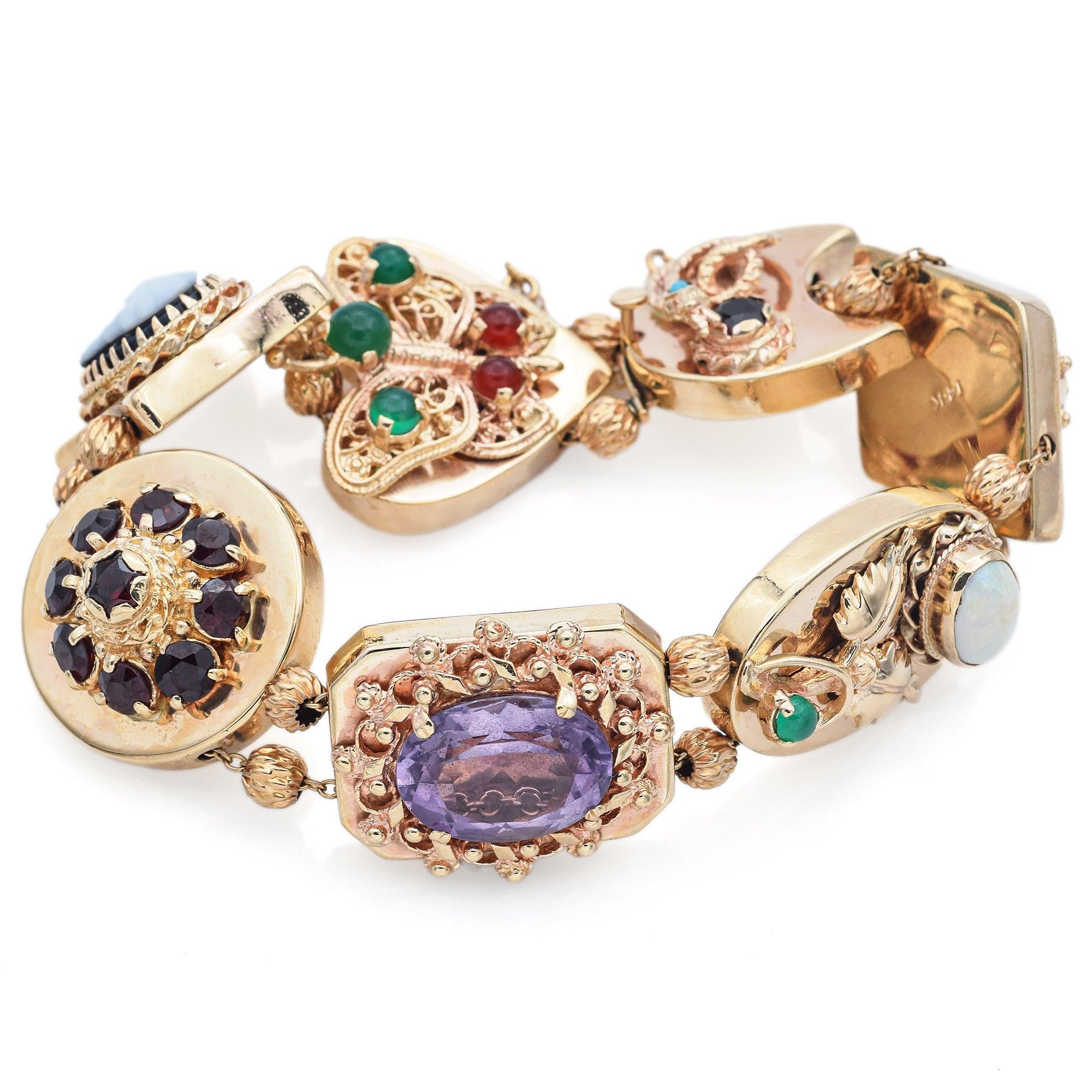 Peso: 59.0 grammi
Pietra (2-16x12 mm): Ametista, granato, turchese, perla, opale, smeraldo, onice cameo
Larghezza: 27 mm
Dimensioni del bracciale: 7,25 pollici
Marchio di garanzia: 14K

ARTICOLO #:BR-1082-102523-01