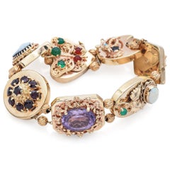 Pulsera vintage de oro amarillo de 14 quilates con dijes de piedras preciosas con caja de recepción