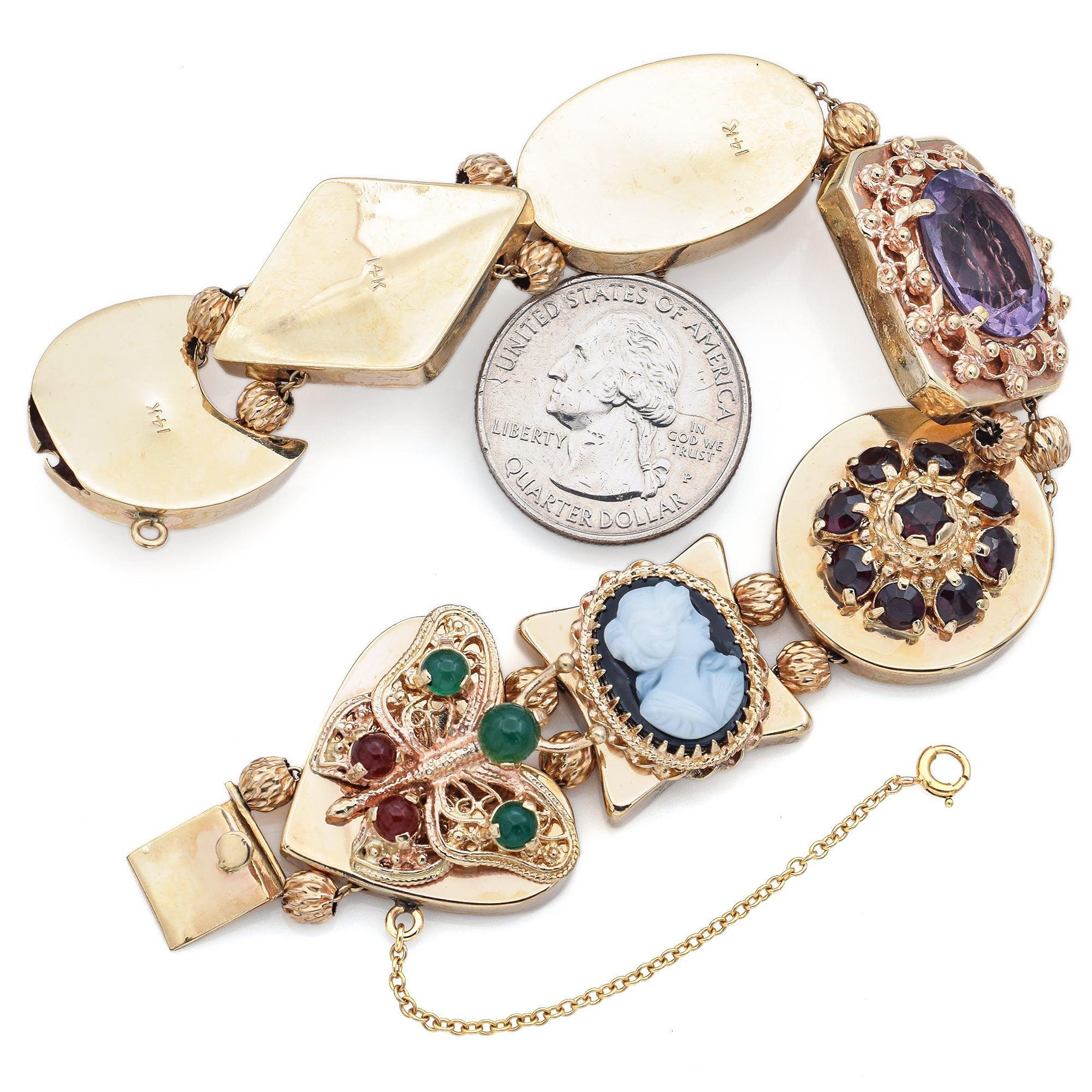 Bracciale Charm d'epoca in oro giallo 14 carati con pietra multipla e scatola con ricevuta In condizioni buone in vendita a New York, NY