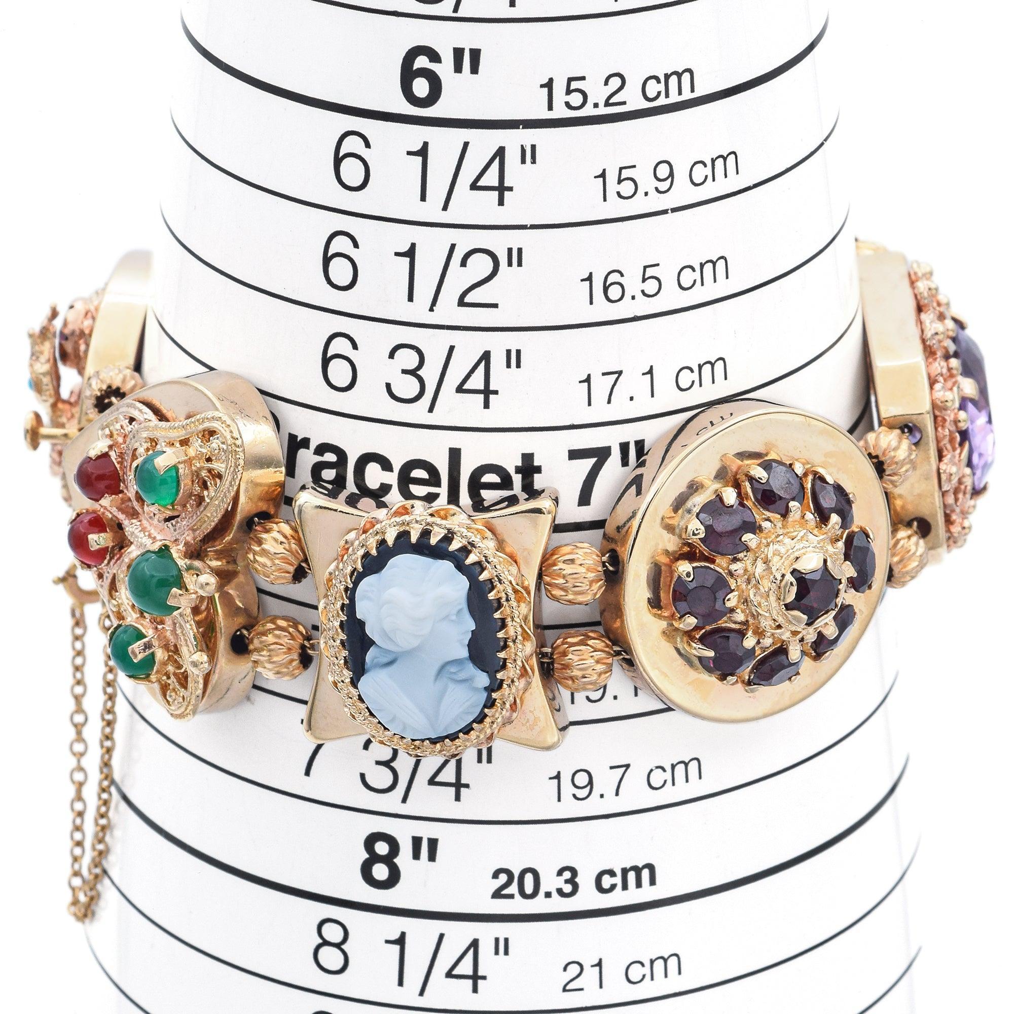 Bracciale Charm d'epoca in oro giallo 14 carati con pietra multipla e scatola con ricevuta in vendita 2