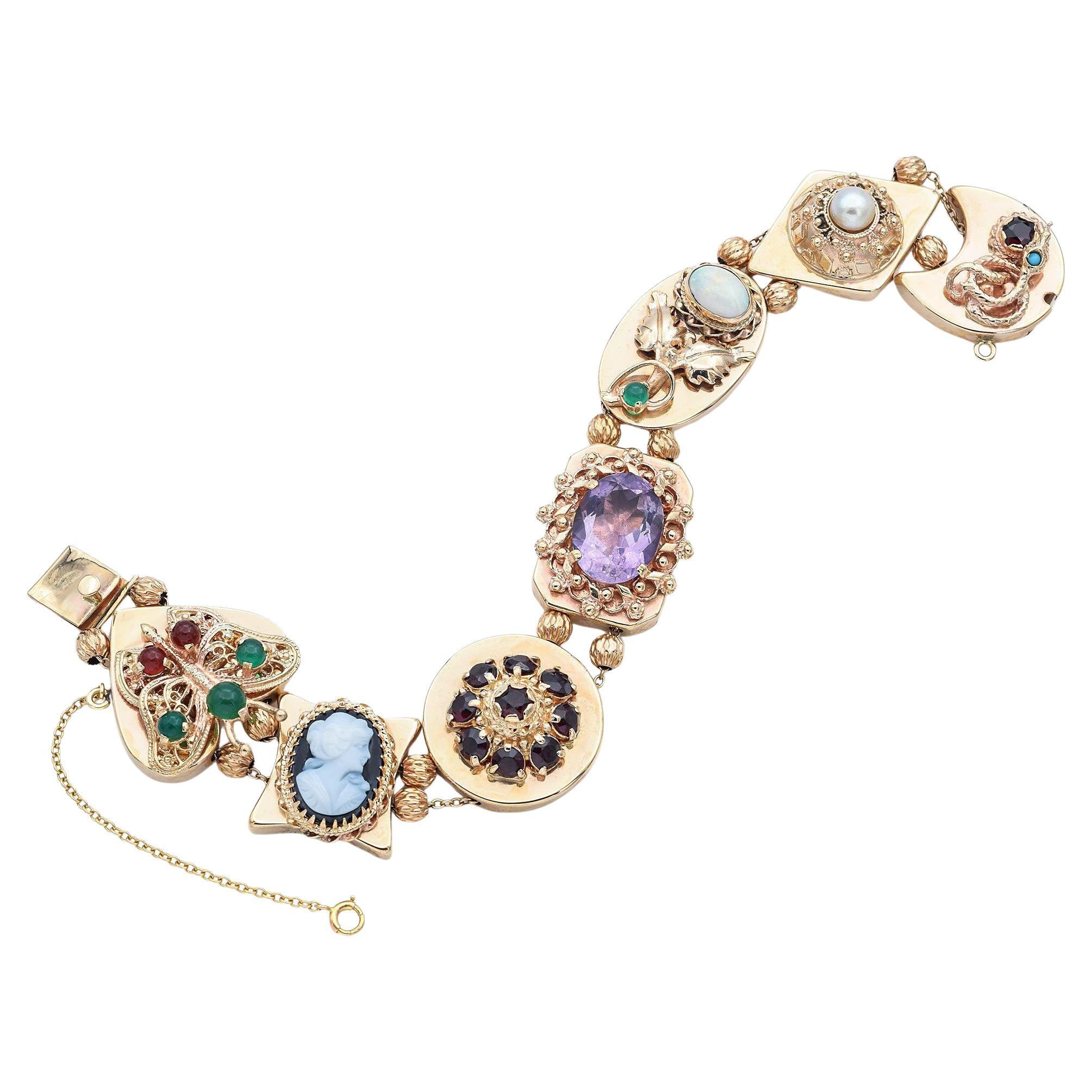 Vintage 14K Yellow Gold Multi-Gemstone Slide Charm Bracelet with Box Receipt