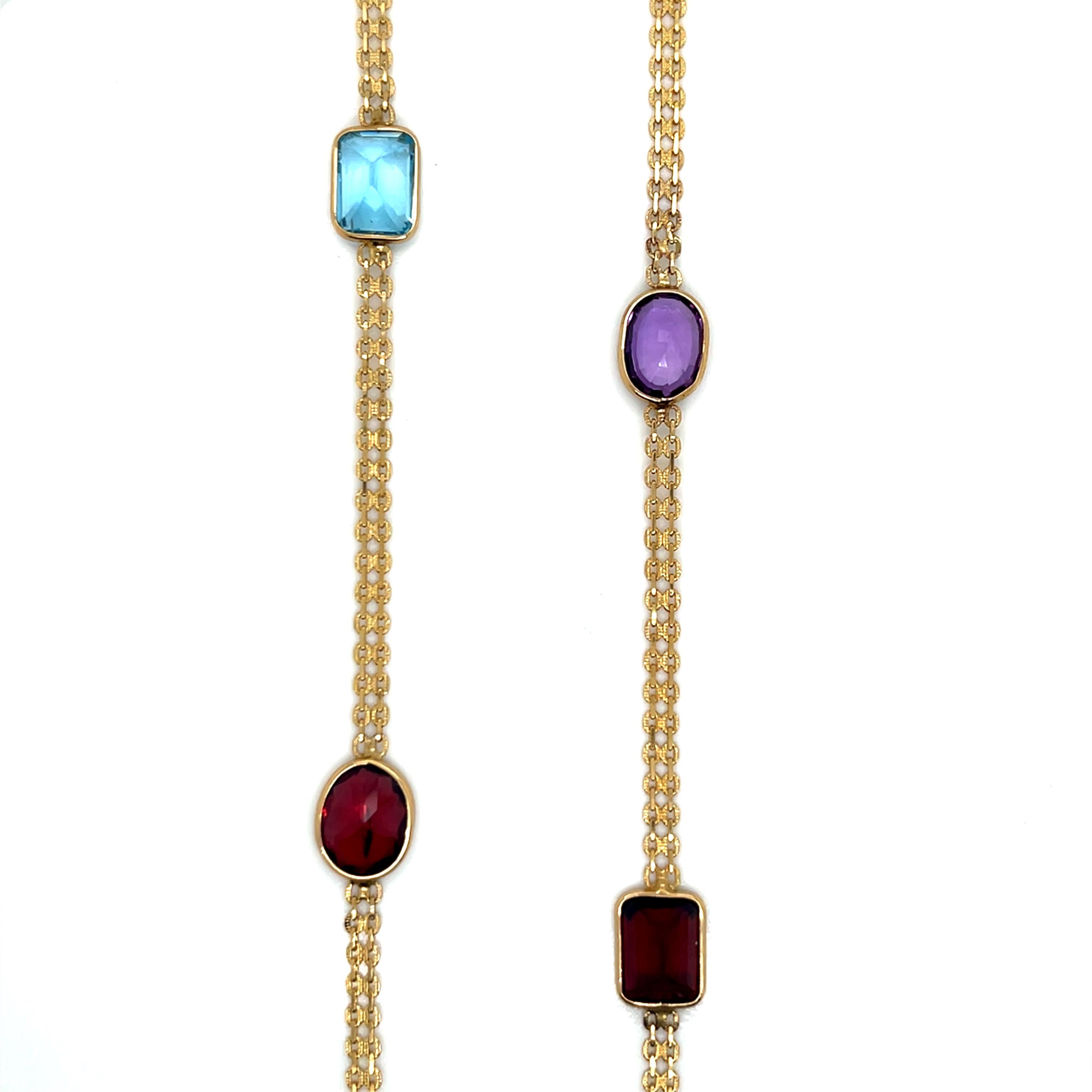 Vintage 14k Yellow Gold Multi-Gemstone Station Necklace Excellent état - En vente à Boston, MA