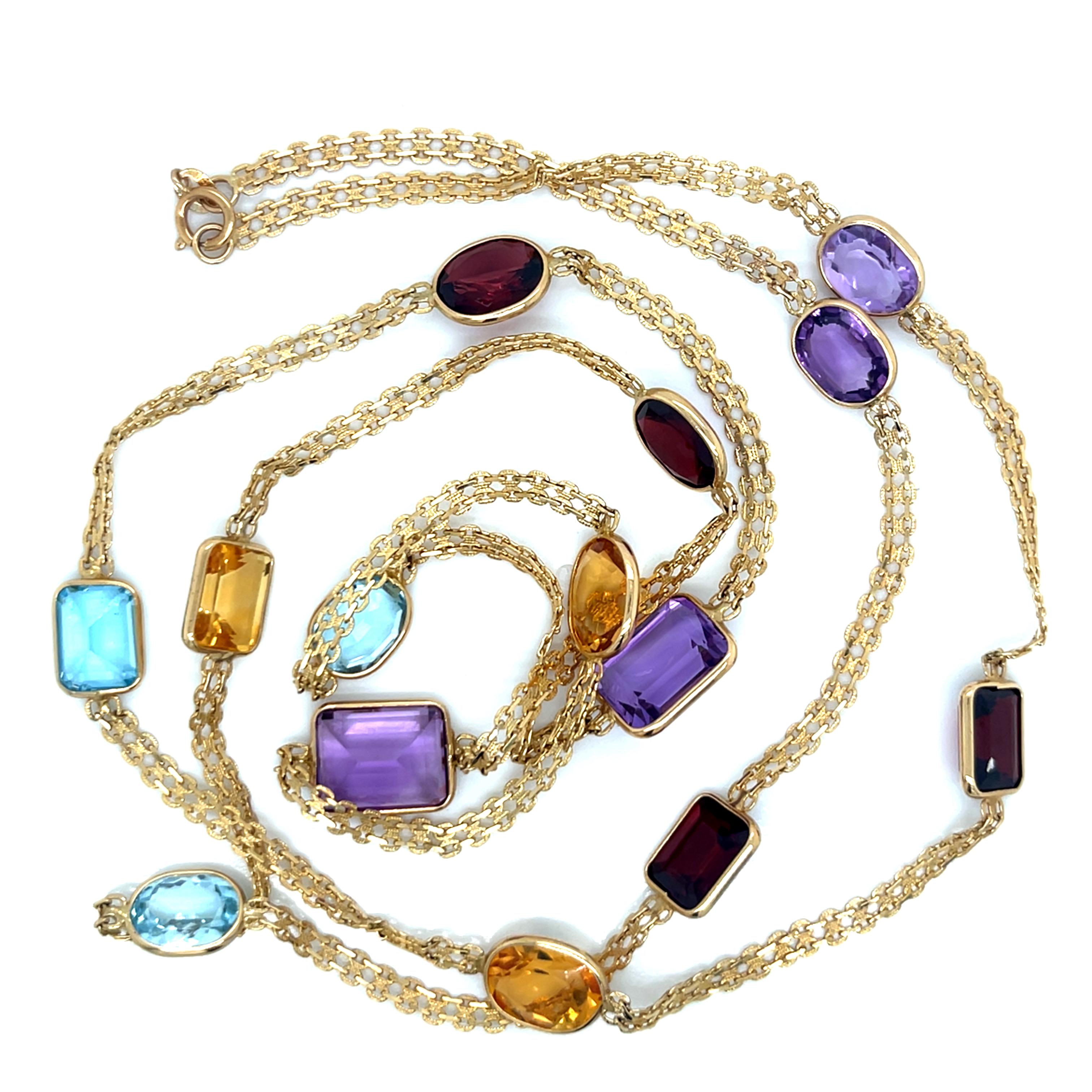 Vintage 14k Yellow Gold Multi-Gemstone Station Necklace Pour femmes en vente