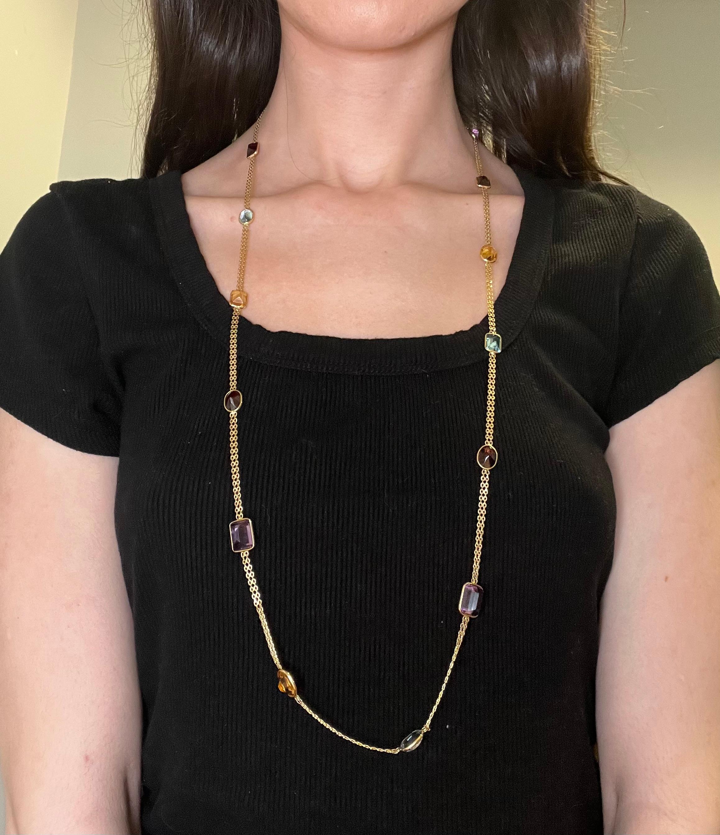 Vintage 14k Yellow Gold Multi-Gemstone Station Necklace en vente 3