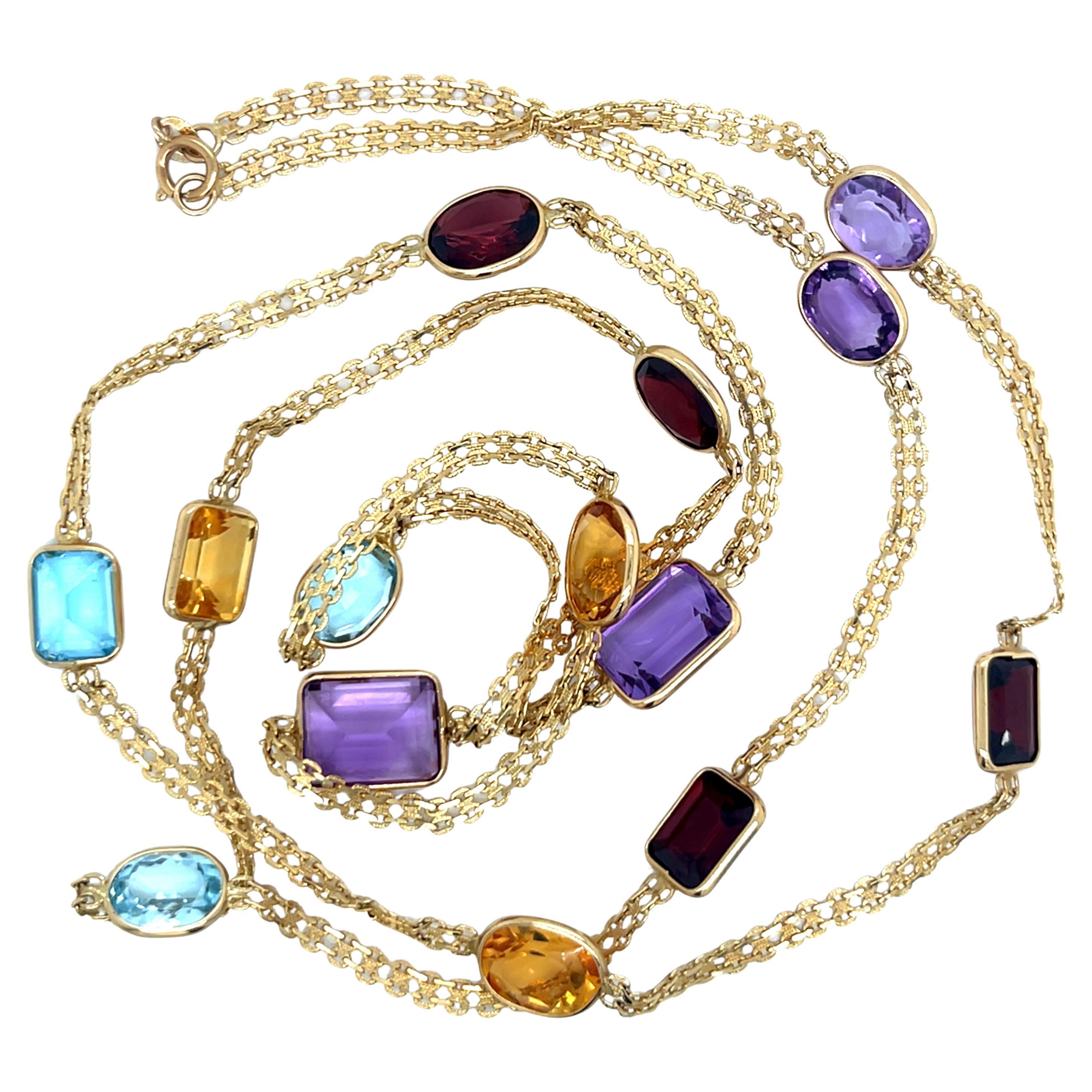 Vintage 14k Yellow Gold Multi-Gemstone Station Necklace en vente
