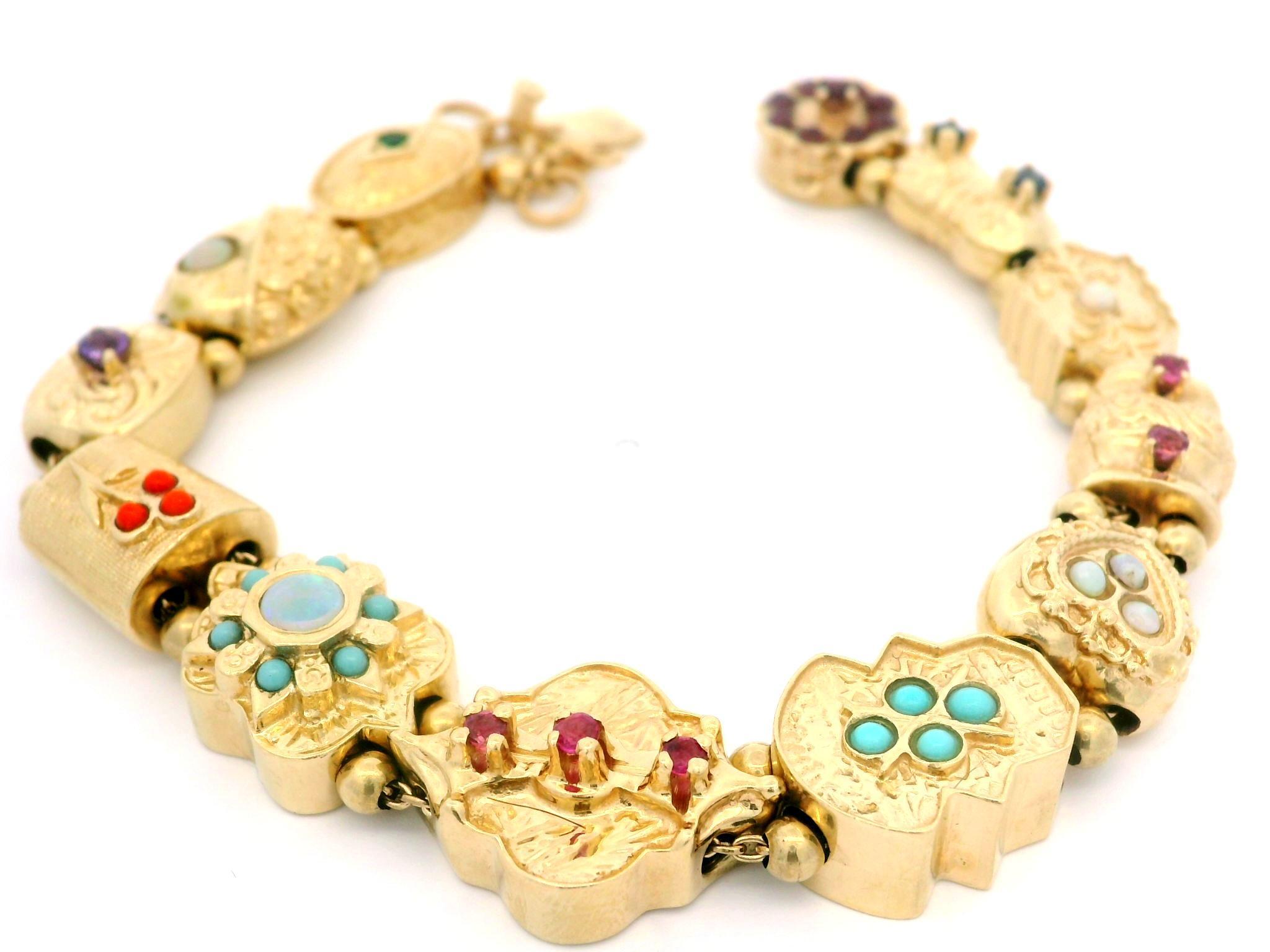 Round Cut Vintage 14k Yellow Gold Multi Gemstones Detailed Slide Bracelet For Sale