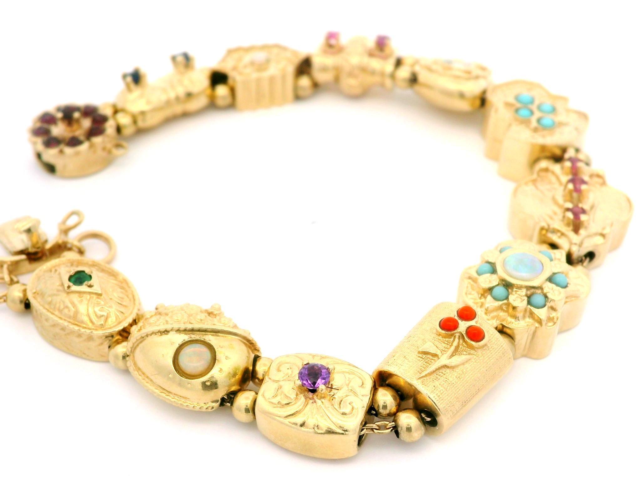 Vintage 14k Yellow Gold Multi Gemstones Detailed Slide Bracelet In Excellent Condition For Sale In Montclair, NJ
