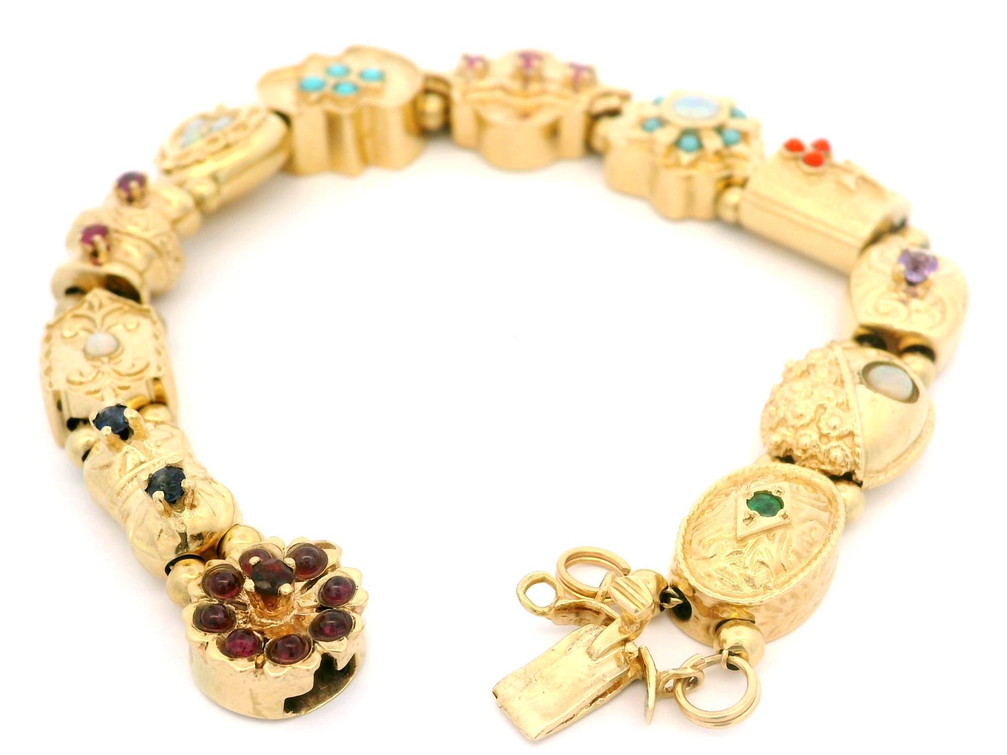 Women's Vintage 14k Yellow Gold Multi Gemstones Detailed Slide Bracelet For Sale
