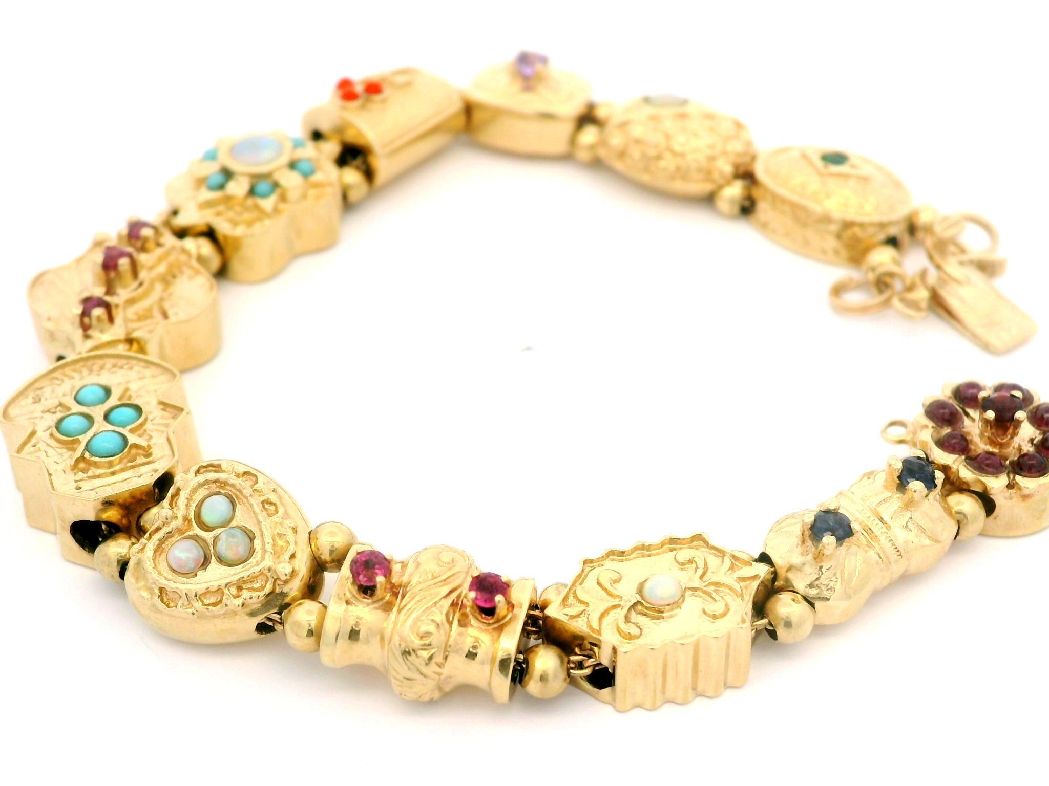 Vintage 14k Yellow Gold Multi Gemstones Detailed Slide Bracelet For Sale 1
