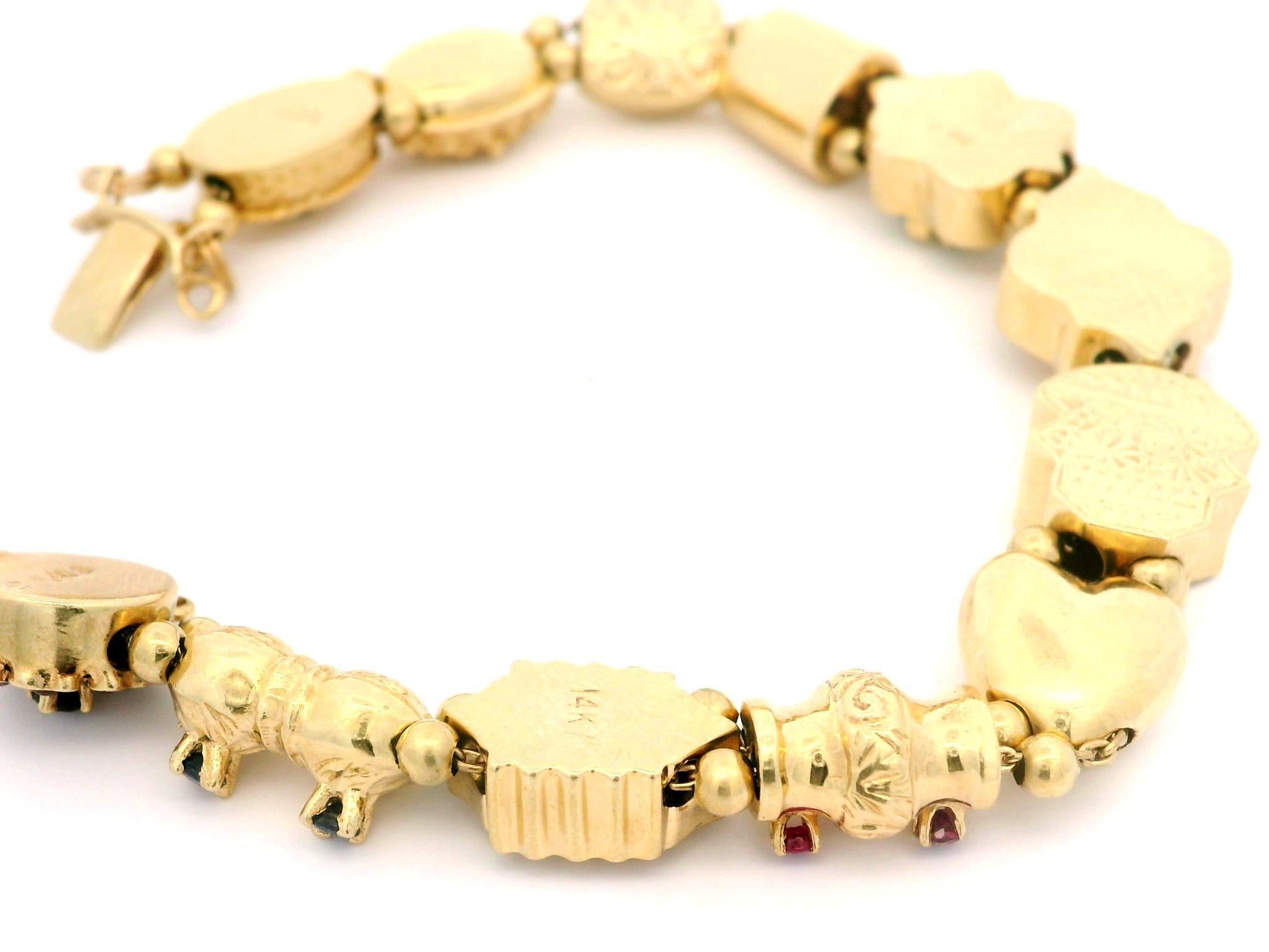 Vintage 14k Yellow Gold Multi Gemstones Detailed Slide Bracelet For Sale 2