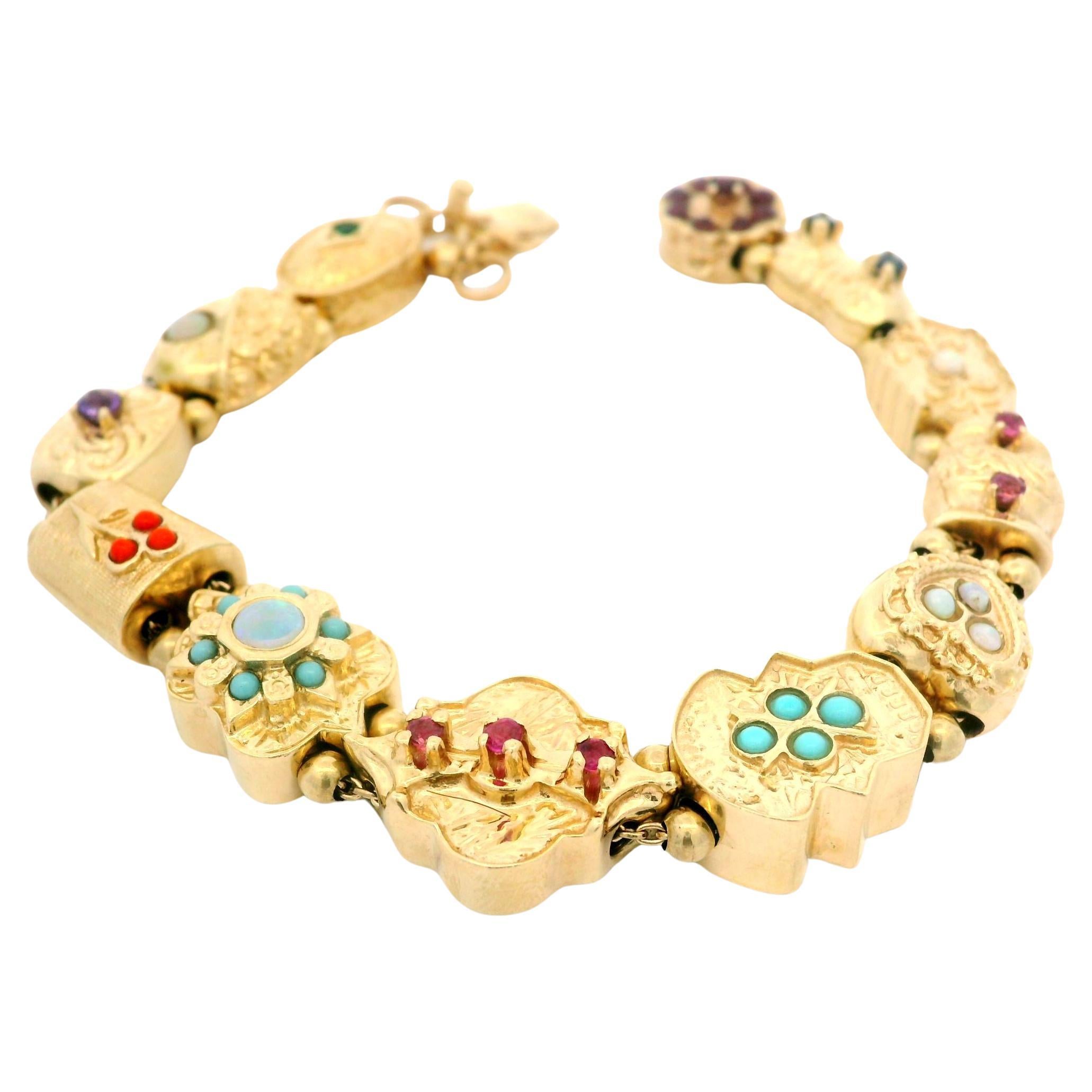 Vintage 14k Yellow Gold Multi Gemstones Detailed Slide Bracelet For Sale
