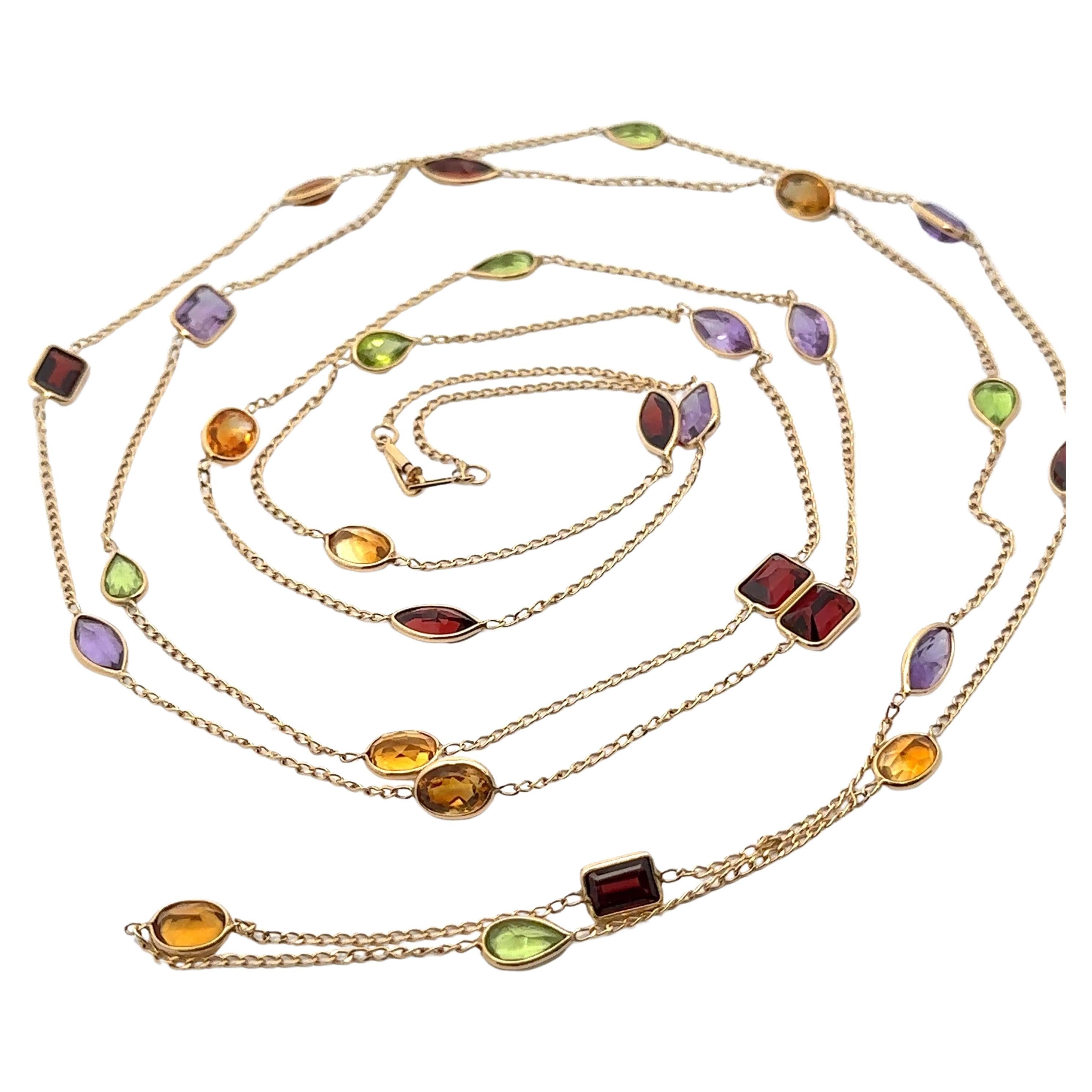 Vintage 14k Yellow Gold Multi Gemstones Long 58" By The Yard Wrap Necklace