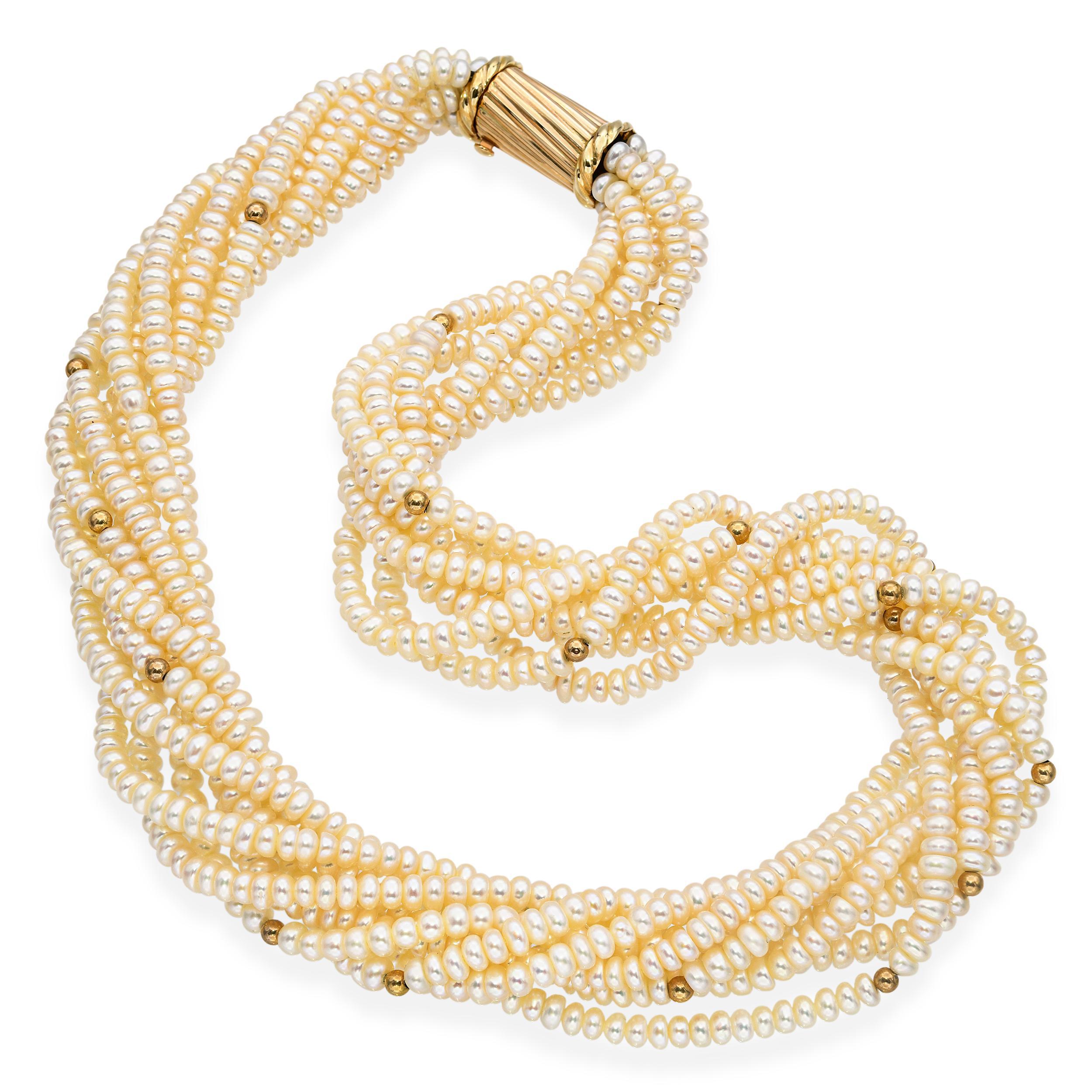 Vintage By - Collana a più fili di perle in oro giallo 14 ct. In condizioni buone in vendita a New York, NY