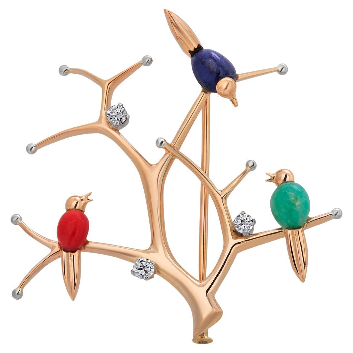 Vintage 14K Yellow Gold Multi-Stone Birds on Branches Brooch Pin