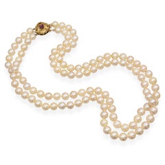 Vintage 14k Yellow Gold Multi Strand Pearl and Ruby Floral Clasp Necklace