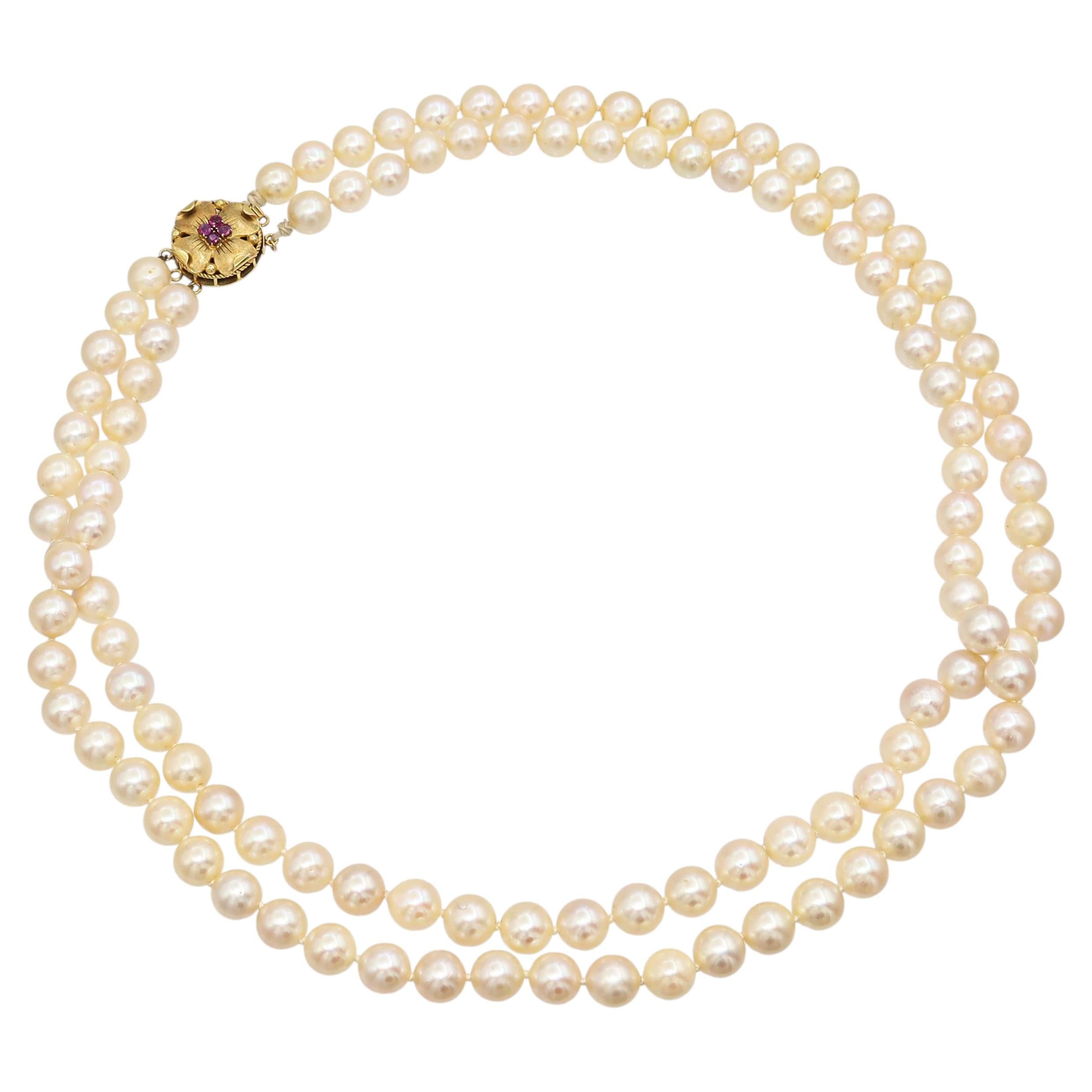Vintage 14k Yellow Gold Multi Strand Pearl and Ruby Floral Clasp Necklace