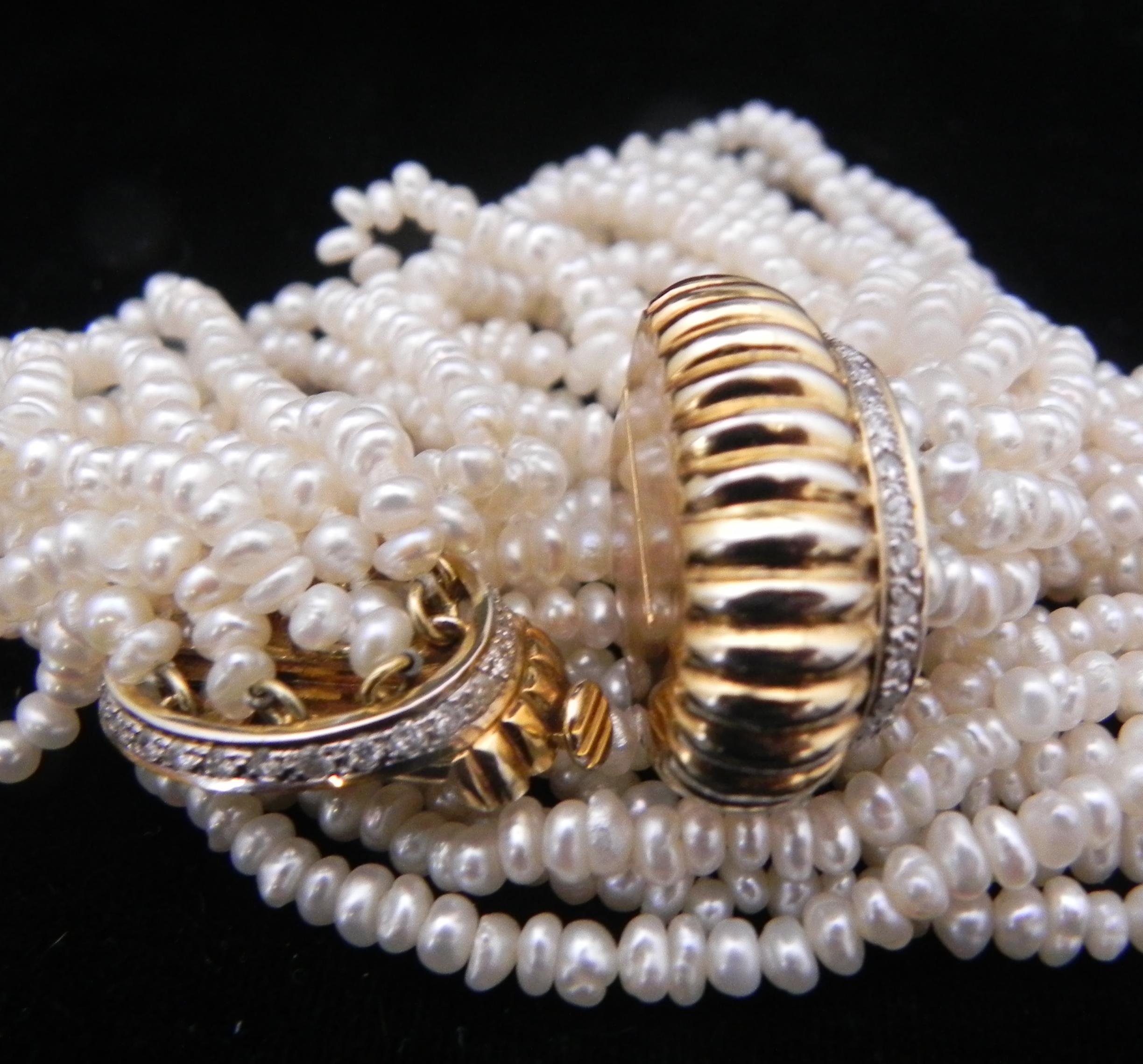 Modern Vintage 14 Karat Gold Multi-Strand Pearl and Diamond Twisted Design Necklace 80G