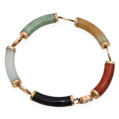 Vintage 14k Yellow Gold Multicolored Jade Blessing Link Bracelet