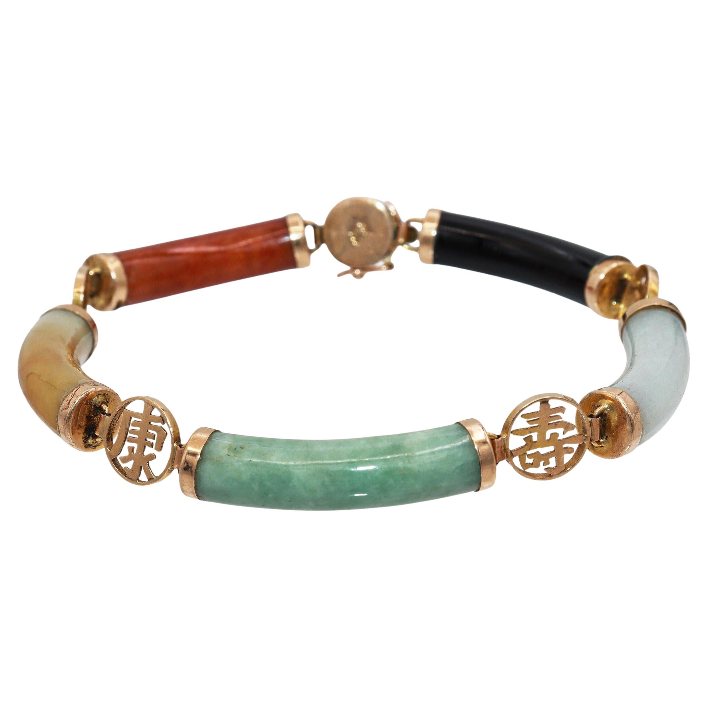 Vintage 14k Yellow Gold Multicolored Jade Blessing Link Bracelet