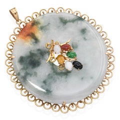 Vintage 14k Yellow Gold Multicolored Jade Donut Filigree Pendant