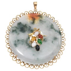 Vintage 14k Yellow Gold Multicolored Jade Donut Filigree Pendant