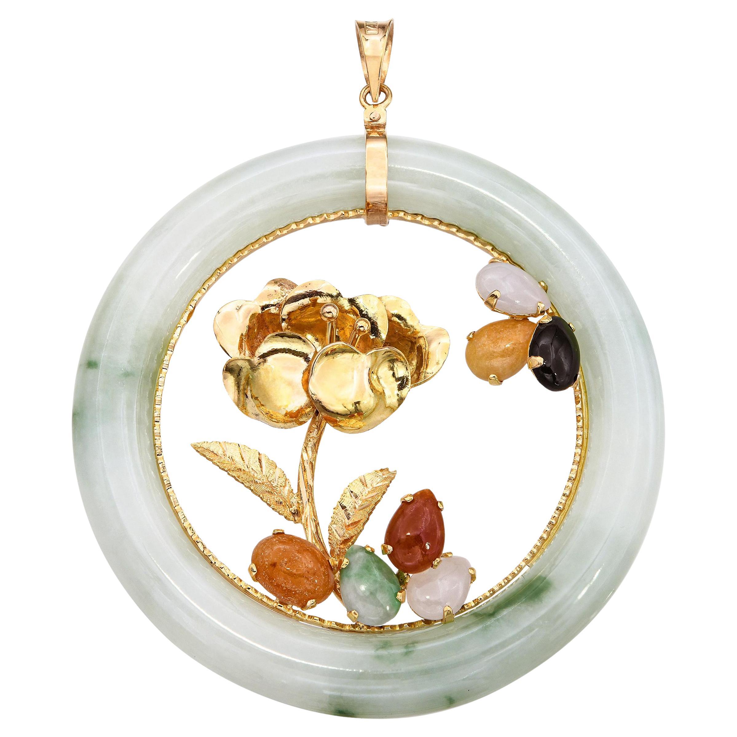 Vintage 14k Yellow Gold Multicolored Jade Flower Pendant