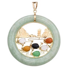 Vintage 14k Gelbgold Multicolored Jade Hoop Motiv Anhänger