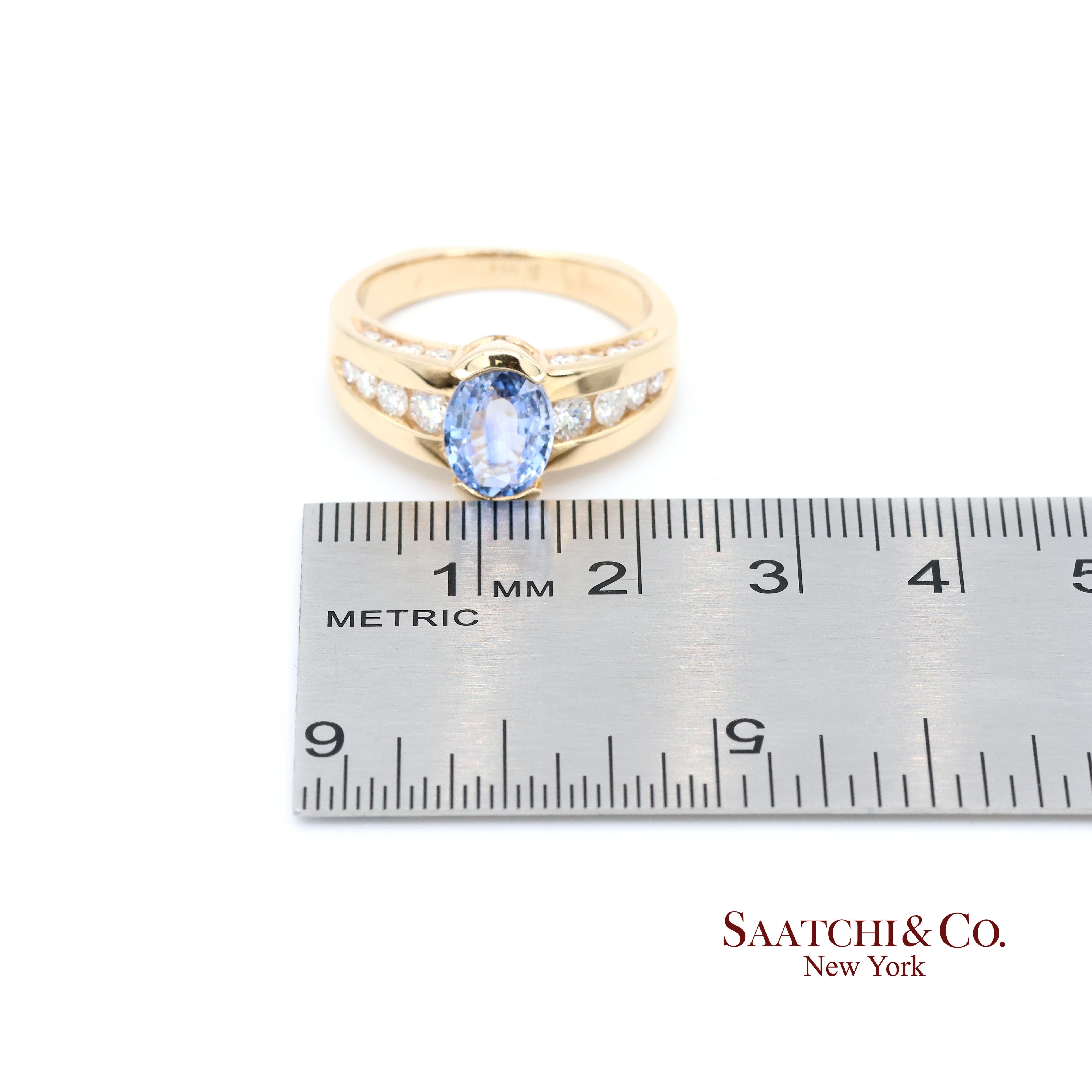 Bague Vintage en or jaune 14K saphir bleu naturel et diamant Pour femmes en vente