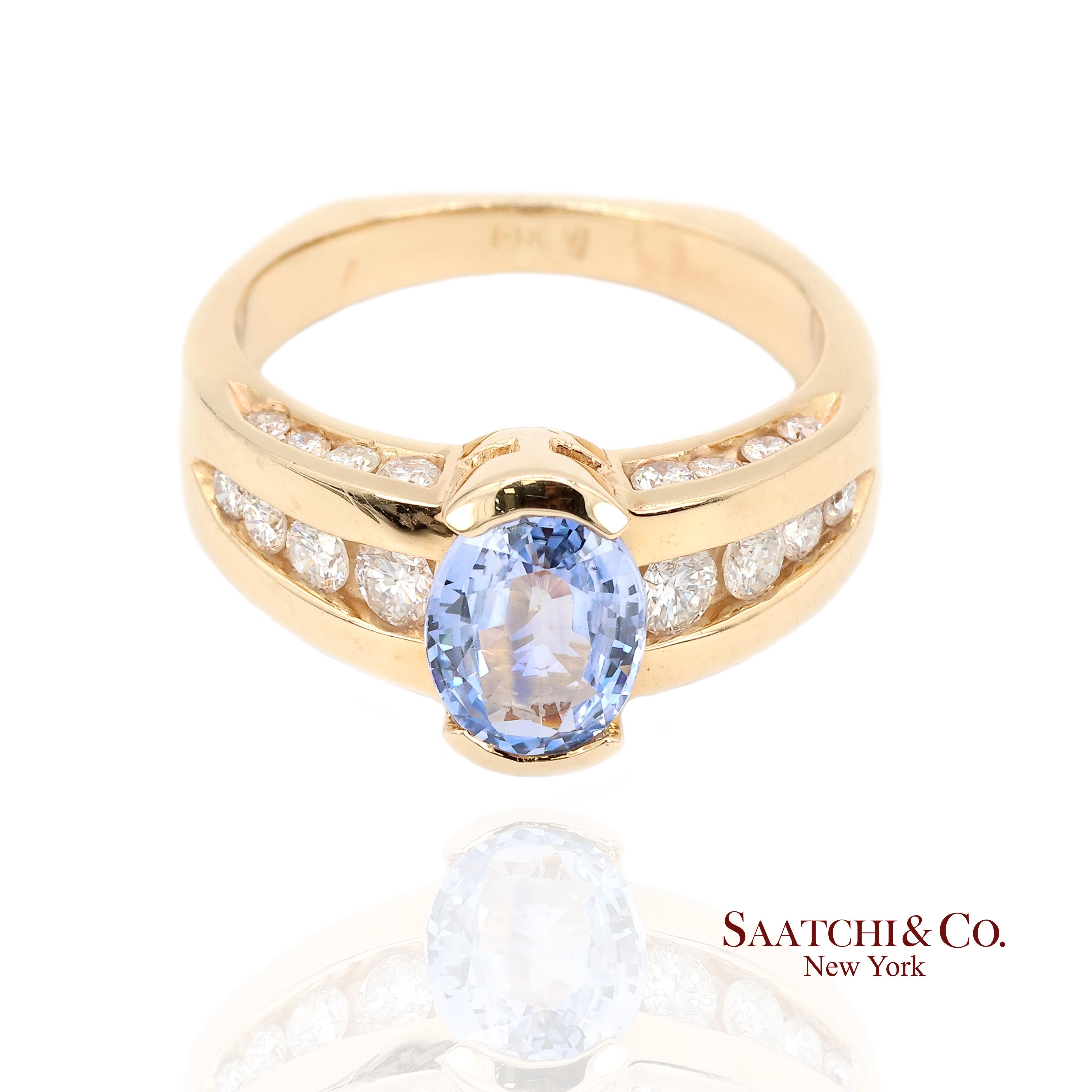 Bague Vintage en or jaune 14K saphir bleu naturel et diamant en vente 1