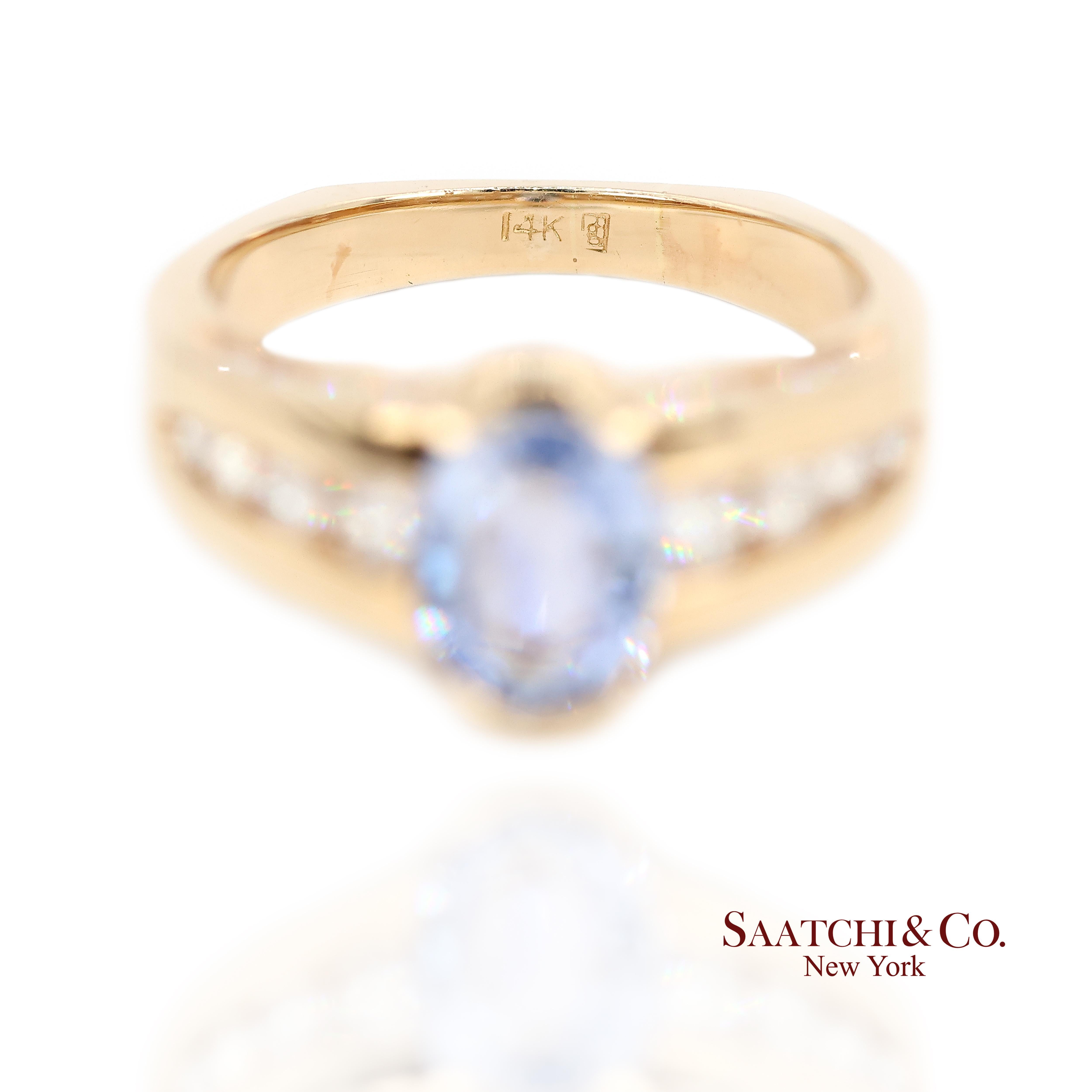 Bague Vintage en or jaune 14K saphir bleu naturel et diamant en vente 3