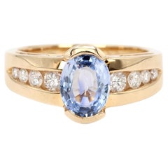 Anello vintage in oro giallo 14K con zaffiro blu naturale e diamante