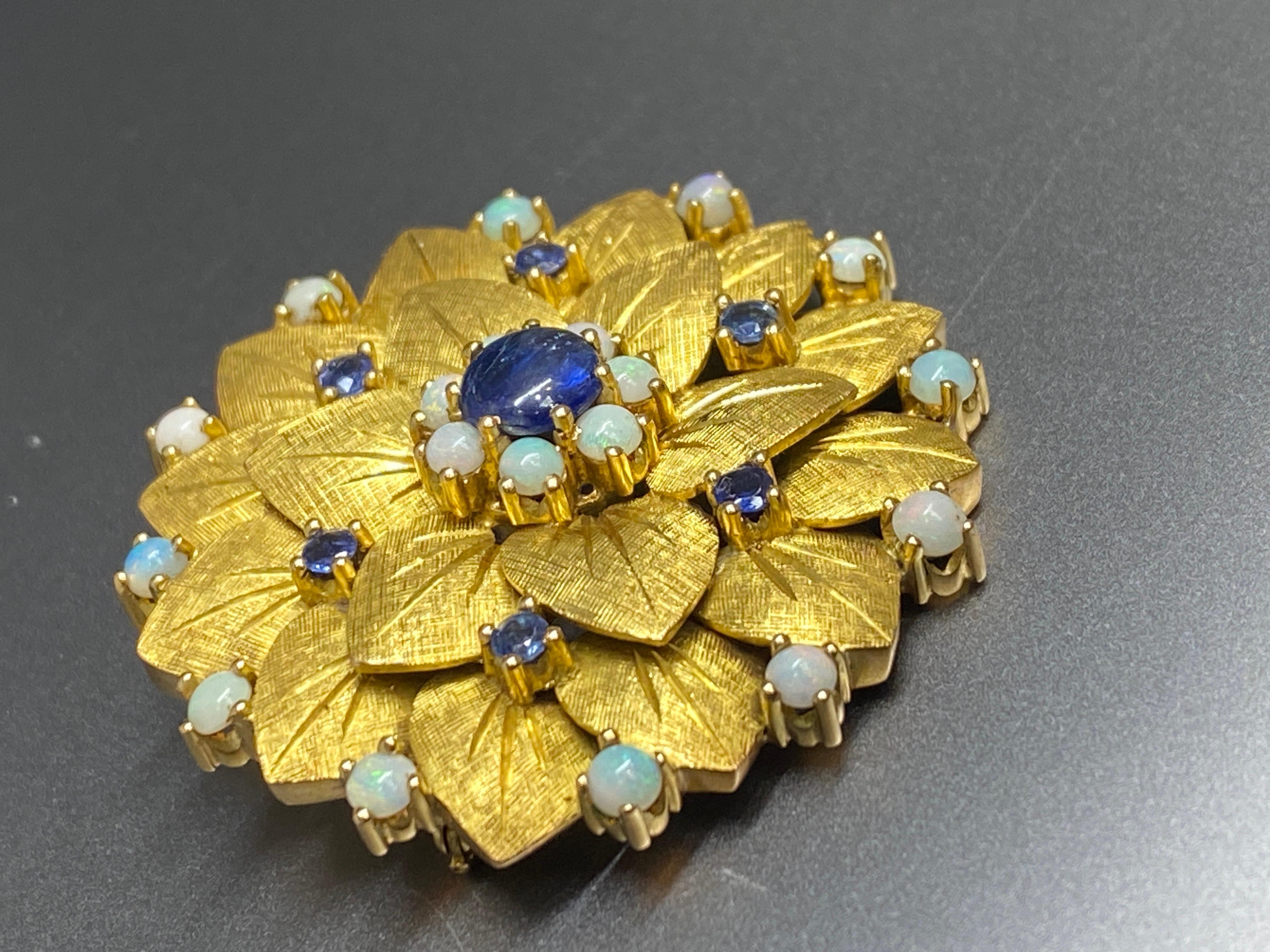 Vintage 14k Yellow Gold Natural Blue Sapphire Cabochon & Opal Flower Brooch For Sale 6