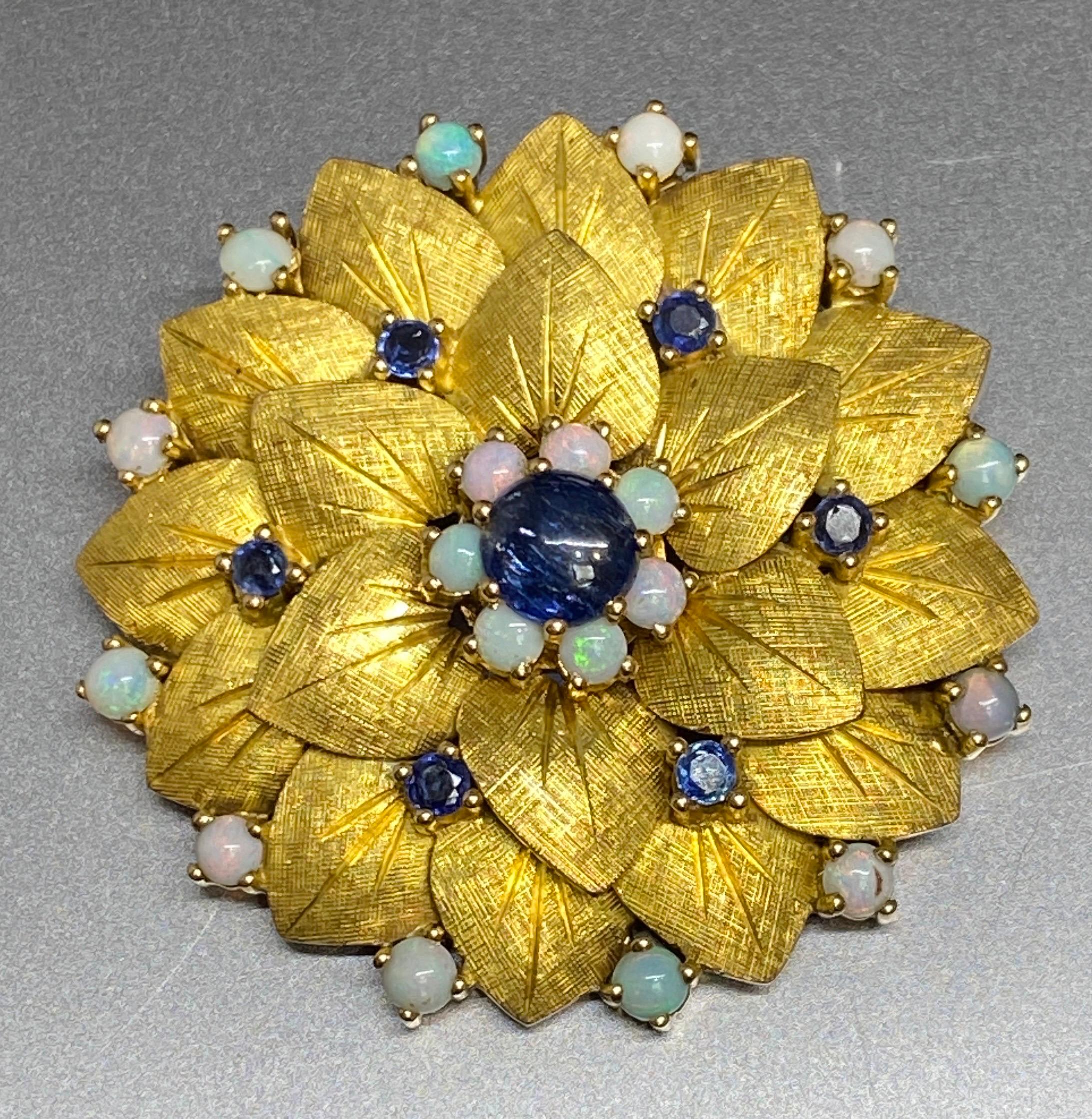Vintage 14k Yellow Gold Natural Blue Sapphire Cabochon & Opal Flower Brooch For Sale 7