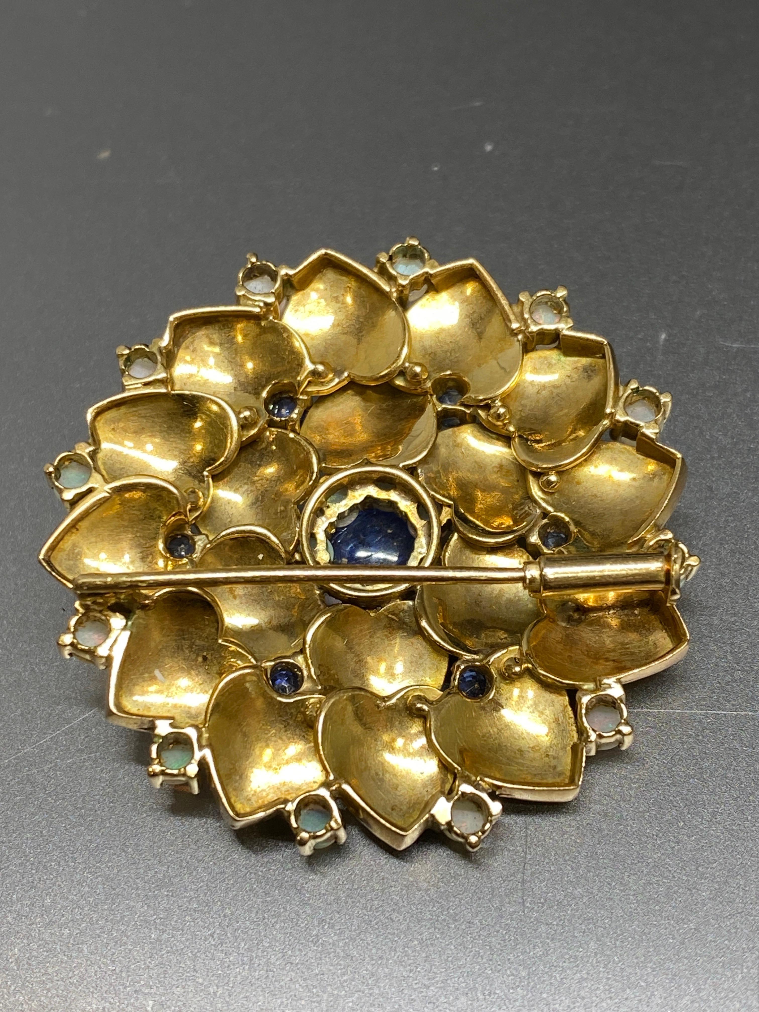 Modern Vintage 14k Yellow Gold Natural Blue Sapphire Cabochon & Opal Flower Brooch For Sale
