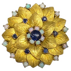 Vintage 14k Yellow Gold Natural Blue Sapphire Cabochon 
Opal Flower Brooch