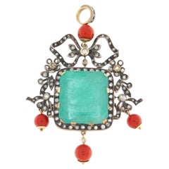 Pendentif vintage en or jaune 14 carats avec émeraude brésilienne naturelle, corail de Sardaigne et diamant