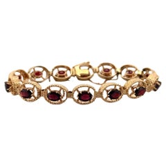 Vintage 14K Yellow Gold Natural Garnet Link Bracelet Bark Finish 12CTW 8" 27 Gr